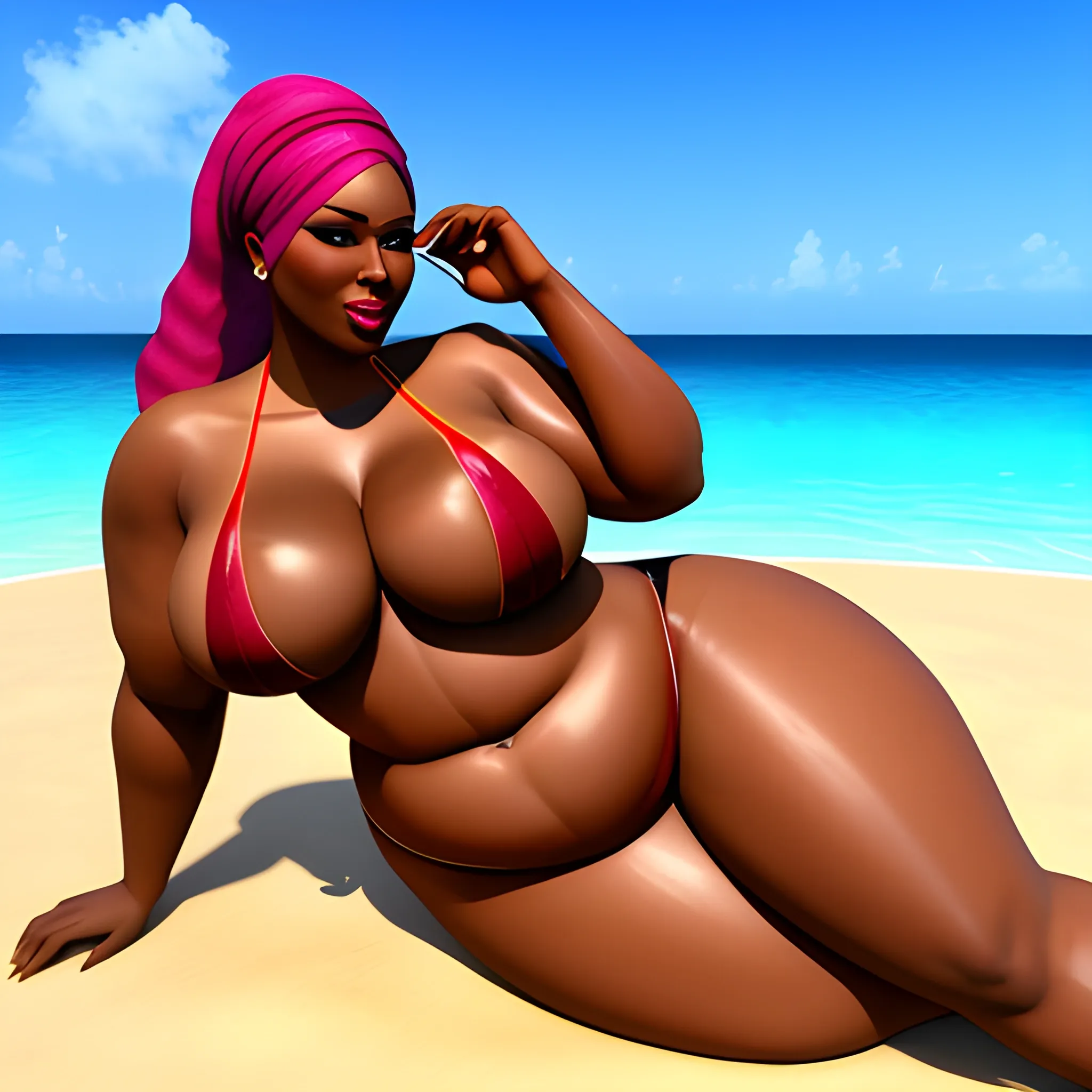 3D generate plus size East African woman with big long legs voluptuous, big solid breasts, with curvy waist and curvy stomach, small shoulders, big hipps in bikini  open legs wide lying next to her eas african husband who is shirtless and muscley hugging and kissing him, 