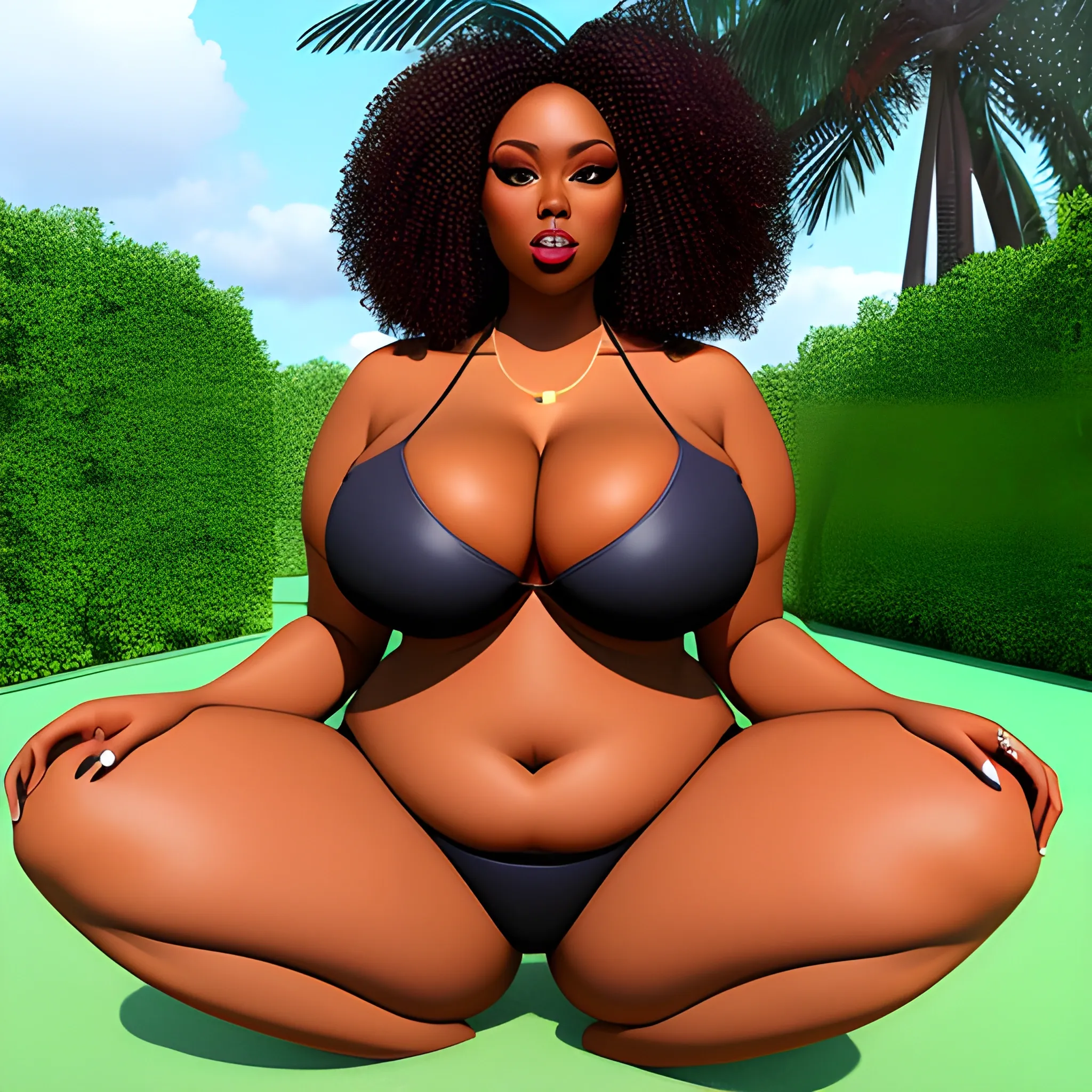 3D generate plus size East African woman with big long legs voluptuous, big solid breasts, with curvy waist and curvy stomach, small shoulders, big hipps in bikini  sitting and oppening legs wide