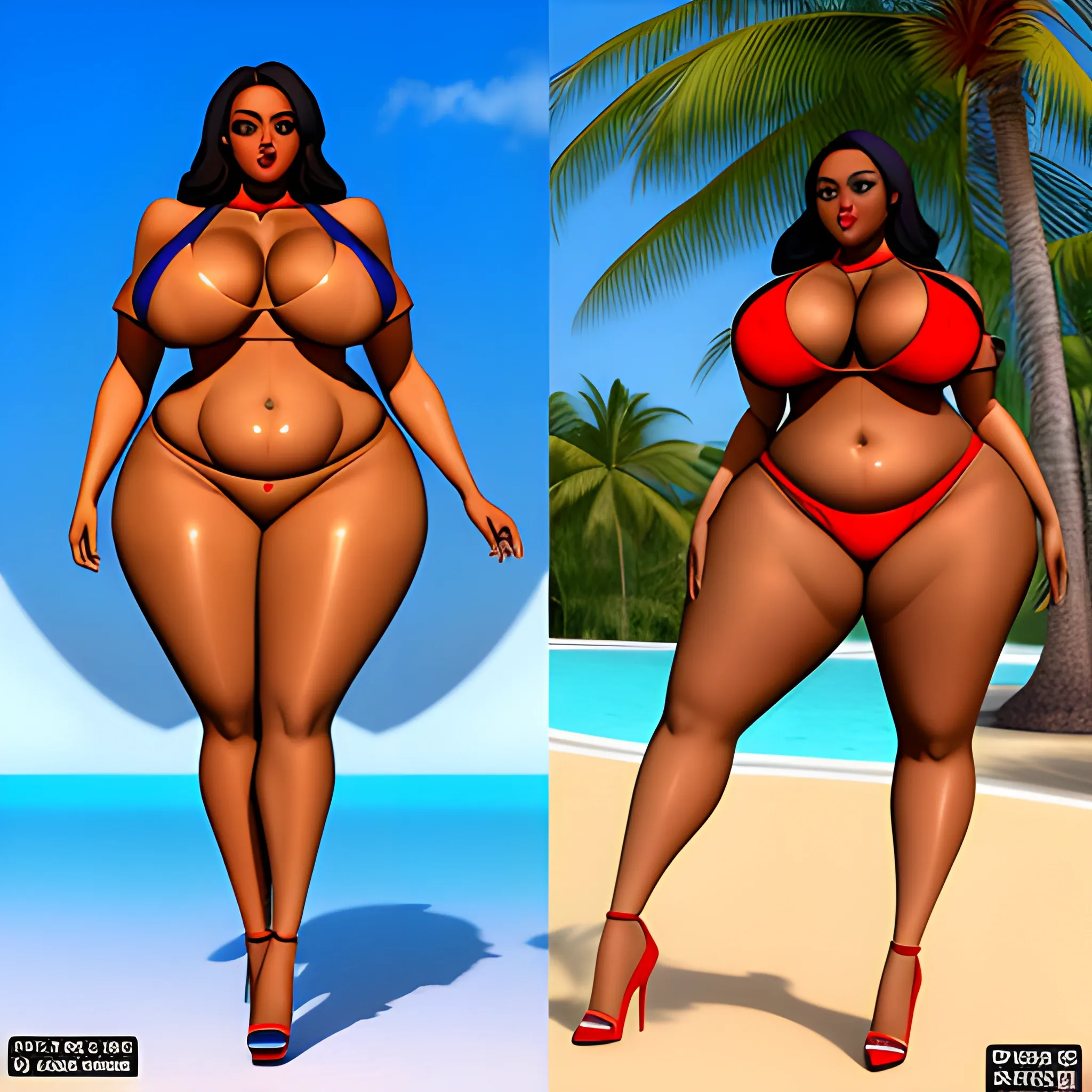 3D generate plus size Somali light skin woman with long legs voluptuous, big solid breasts, with curvy waist and curvy stomach, small shoulders, big hipps and big booty in bikini hugging her somali man