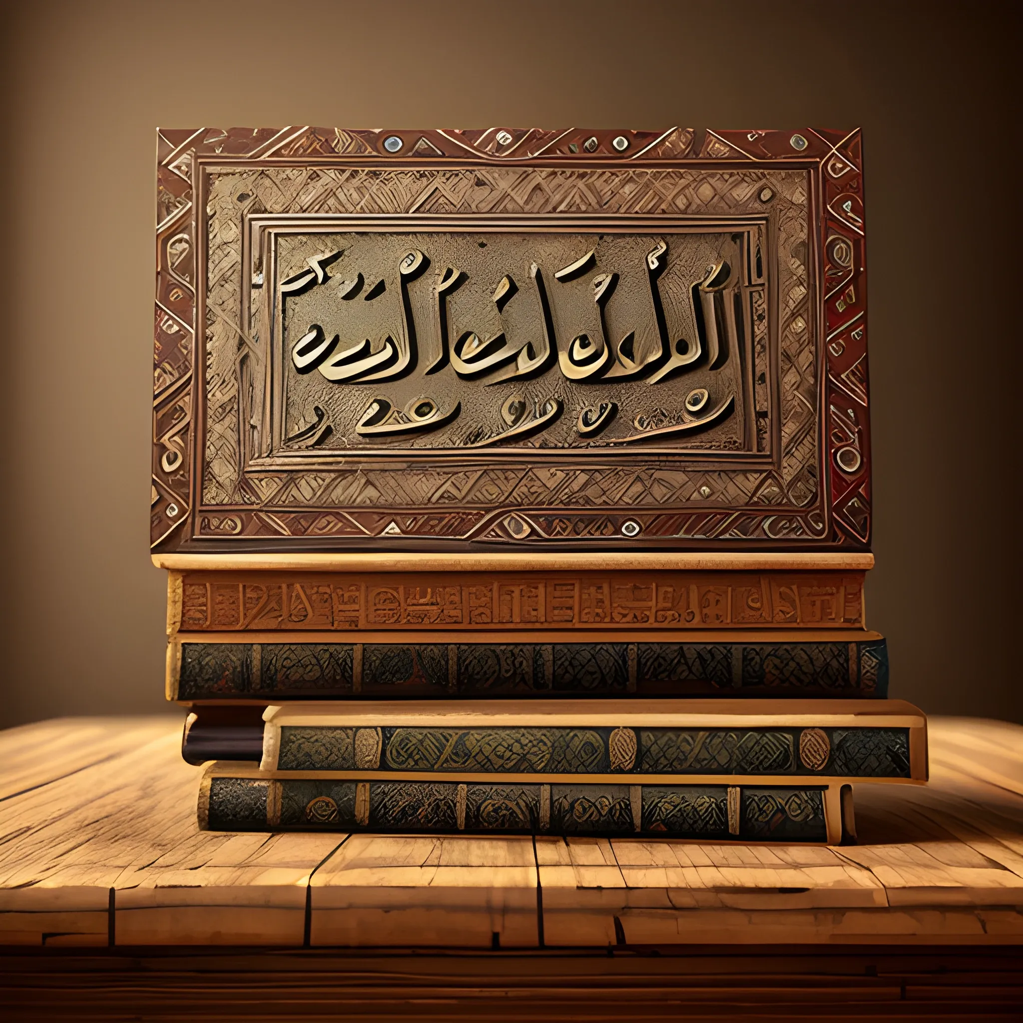 some antique old arabic books scattered on an ancient old wooden desk, 7th century, ancient era, islamic history, historical scene, digital painting, artistic, intricate details, dramatic, trending on artstation, Pencil Sketch