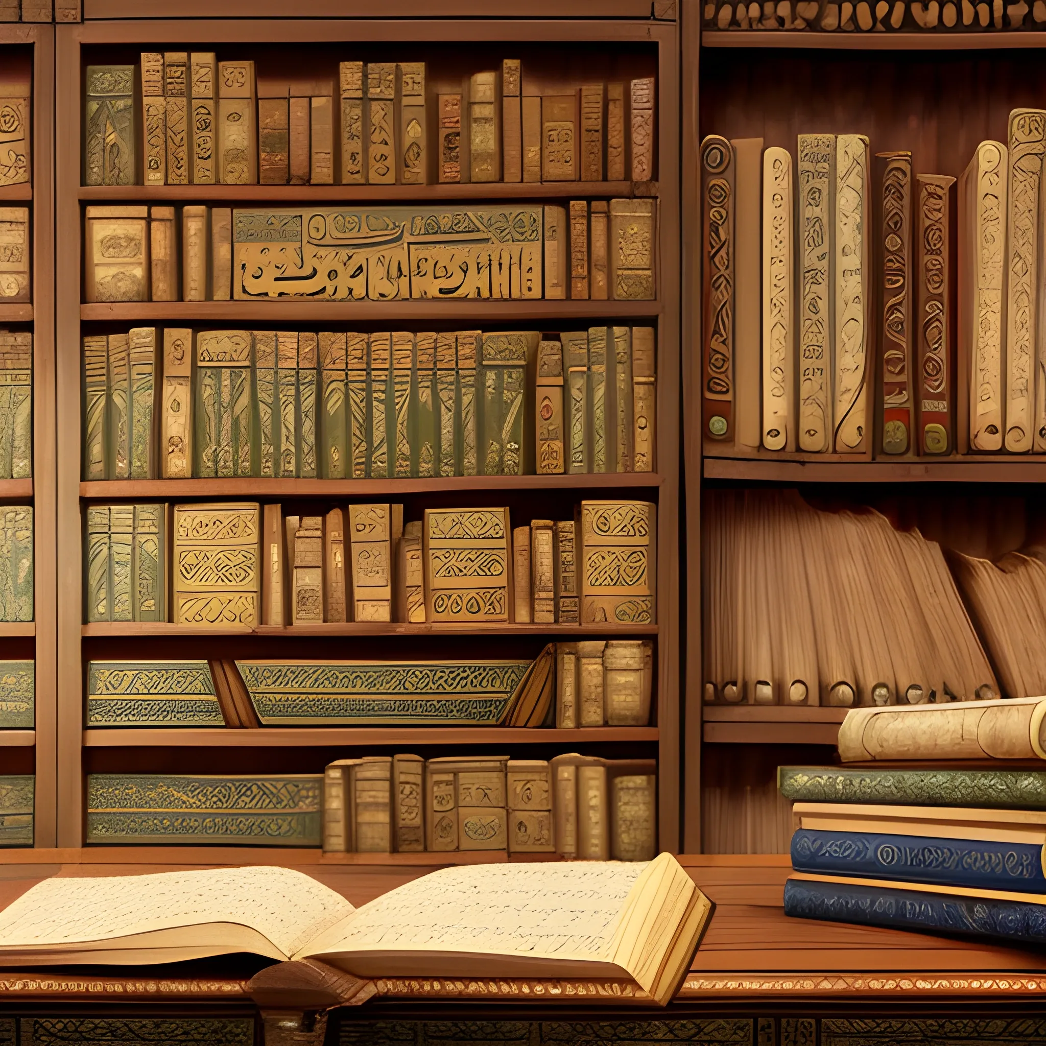 an old arabic book has been placed on an old ancient desk, in the background there are some old wooden shelves full of antique books and papers and scroll papers, 7th century, ancient era, islamic history, historical scene, digital painting, artistic, intricate details, dramatic, trending on artstation, Pencil Sketch, Oil Painting