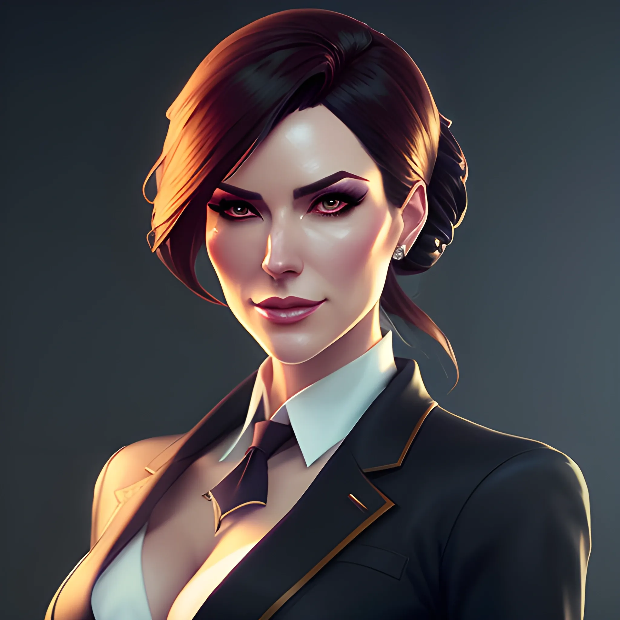 arcane style, Posh girl wearing an open blazer, tie, detailed portrait, cell shaded, 4 k, concept art, by wlop, ilya kuvshinov, artgerm, krenz cushart, greg rutkowski, pixiv. cinematic dramatic atmosphere, sharp focus, volumetric lighting, cinematic lighting, studio quality