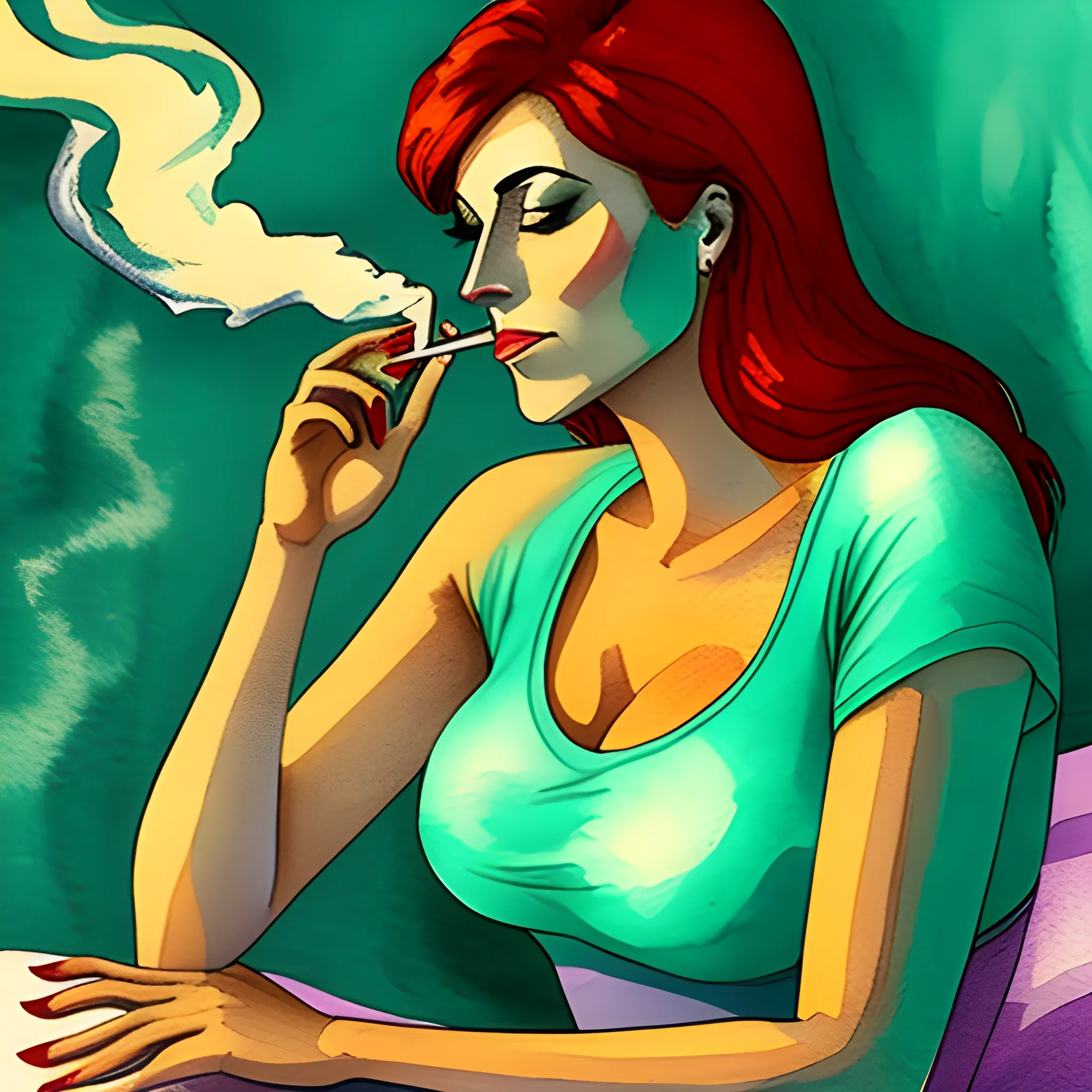 beautiful young woman smoking cigarette on the bed at night, Water Color