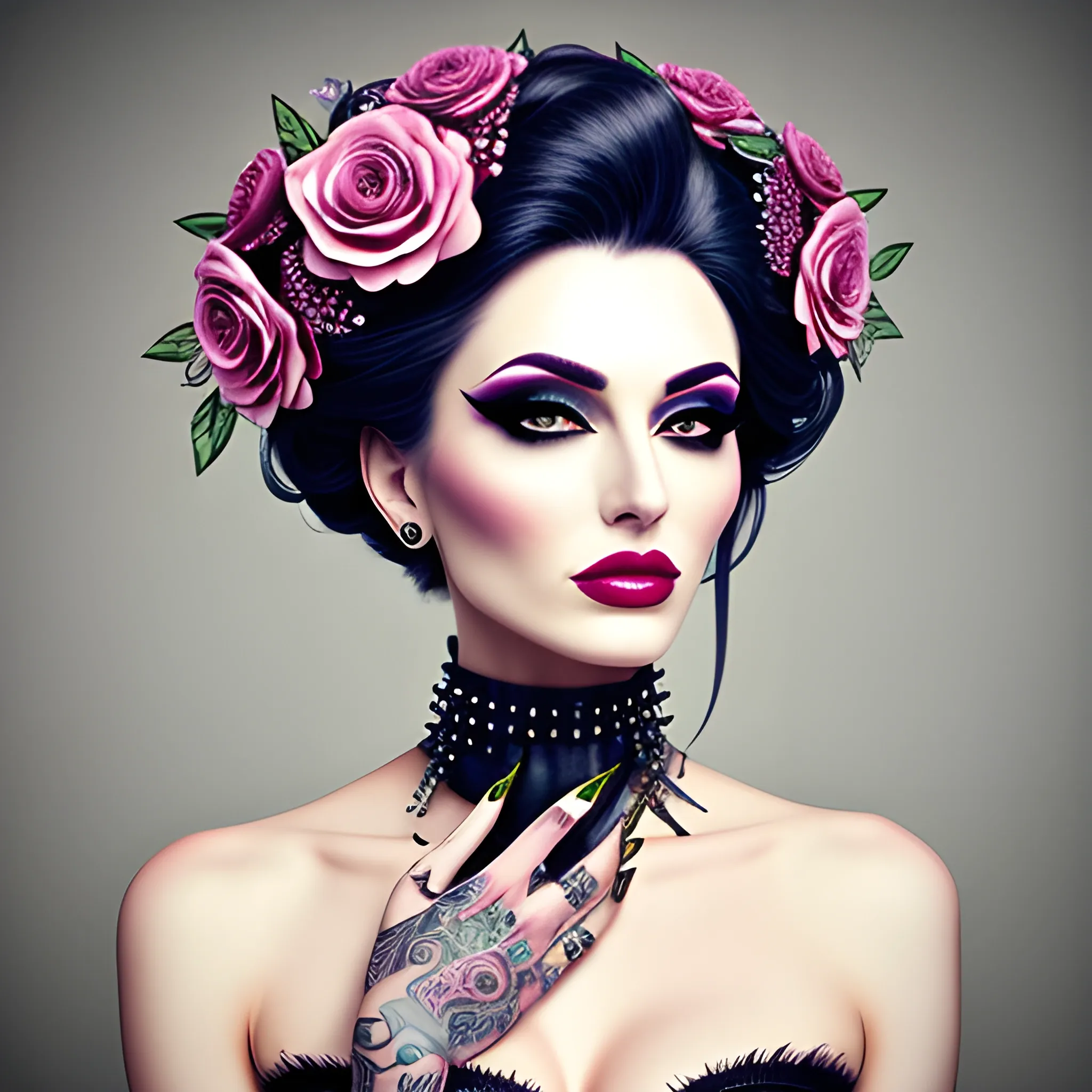 Portrait of a beautiful girl in bloom, mysterious and elegant floral punk fashion