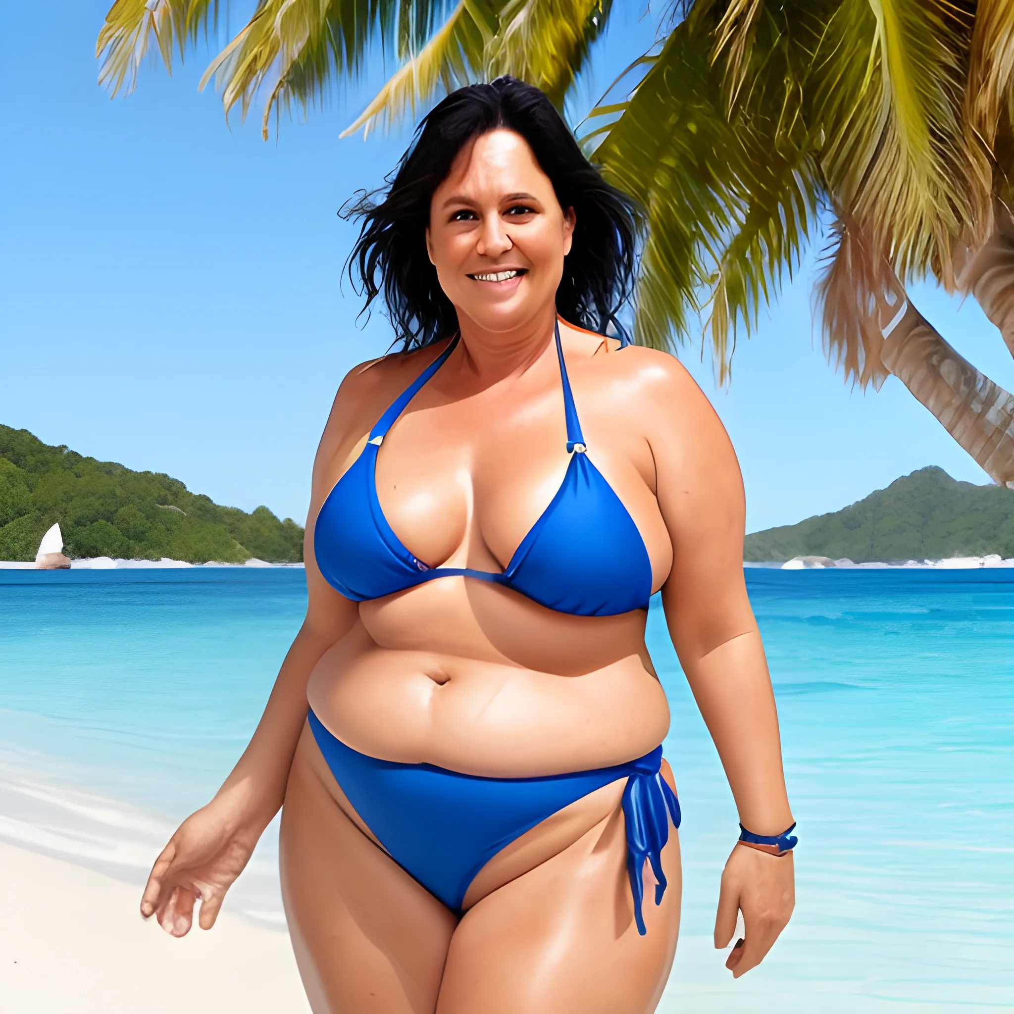 middle-aged woman, fat, blue bikini, tanned skin - Arthub.ai