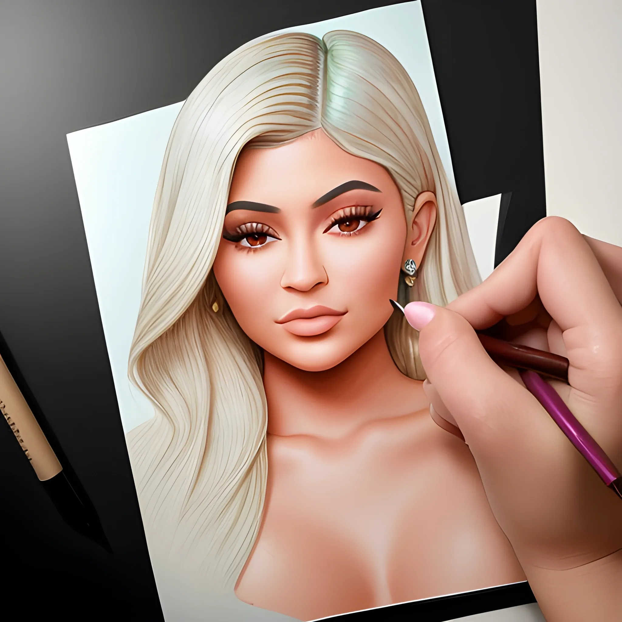 I want a render of the realm of authenticity and witness the exquisite beauty of Kylie Jenner through an exact, real photograph. In this prompt, vividly describe the captivating image, capturing the essence of Kylie Jenner allure, charisma, and natural grace. Set the stage by illustrating the backdrop, lighting, and ambiance that enhance her radiance. From her flawless features to her mesmerizing gaze, delve into the intricate details that make Kylie Jenner beauty truly remarkable., Pencil Sketch