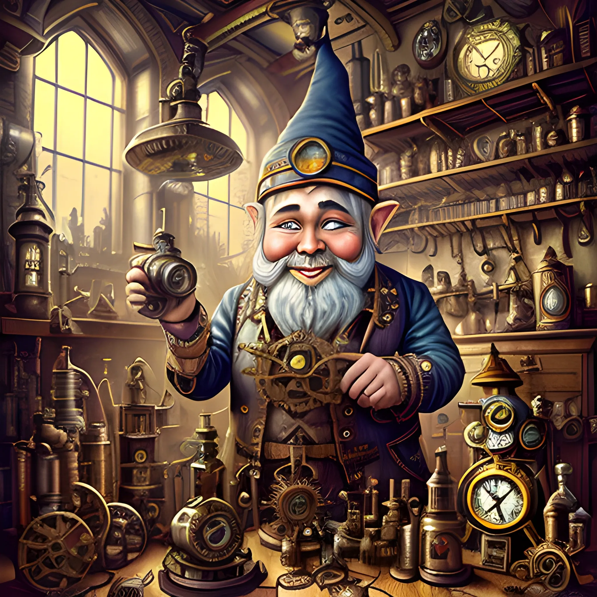 A steampunk-inspired digital illustration of a gnome inventor in a cluttered workshop, surrounded by intricate machinery and gears. The camera angle is a medium shot, capturing the gnome's enthusiastic expression as he tinkers with a fantastical contraption. The lighting is warm and atmospheric, with rays of sunlight streaming through stained glass windows, casting vibrant colors and ((shadows)) across the room. The style combines elements of steampunk and clock-punk, resembling the works of Jules Verne and H.R. Giger. The image is detailed and intricate, showcasing the gnome's ingenious inventions and the mesmerizing complexity of the steampunk world. It is a visually stunning artwork that captures the imagination.
