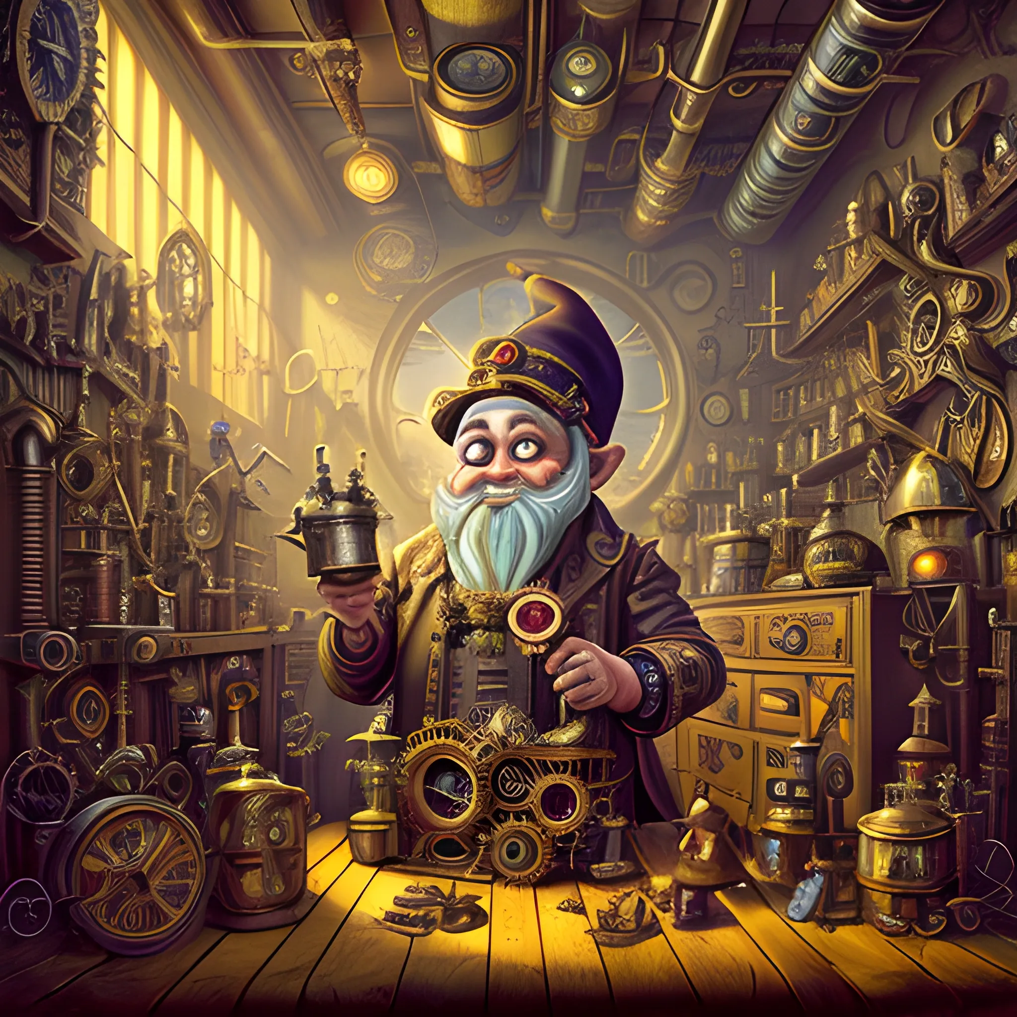 A steampunk-inspired digital illustration of a gnome inventor in a cluttered workshop, surrounded by intricate machinery and gears. The camera angle is a medium shot, capturing the gnome's enthusiastic expression as he tinkers with a fantastical contraption. The lighting is warm and atmospheric, with rays of sunlight streaming through stained glass windows, casting vibrant colors and ((shadows)) across the room. The style combines elements of steampunk and clock-punk, resembling the works of Jules Verne and H.R. Giger. The image is detailed and intricate, showcasing the gnome's ingenious inventions and the mesmerizing complexity of the steampunk world. It is a visually stunning artwork that captures the imagination.
, Trippy, Cartoon, Oil Painting