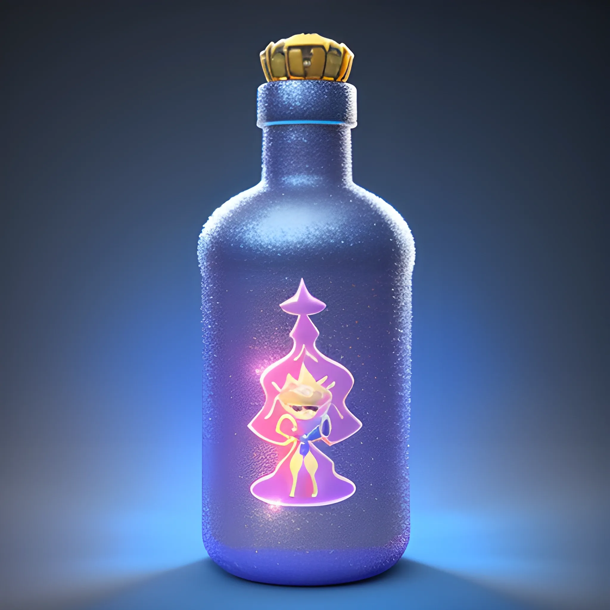 Magical Genie, bottle, looking evil, big Disney style, glitter,  