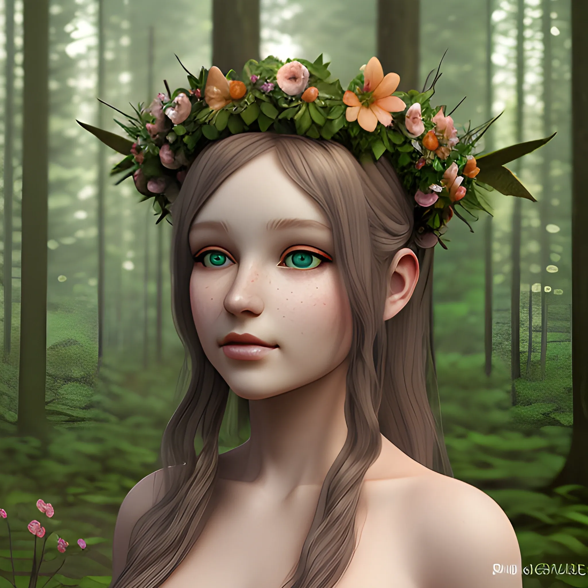 portrait of a nymph with a flower crown in a forest, fantasy style, 3D