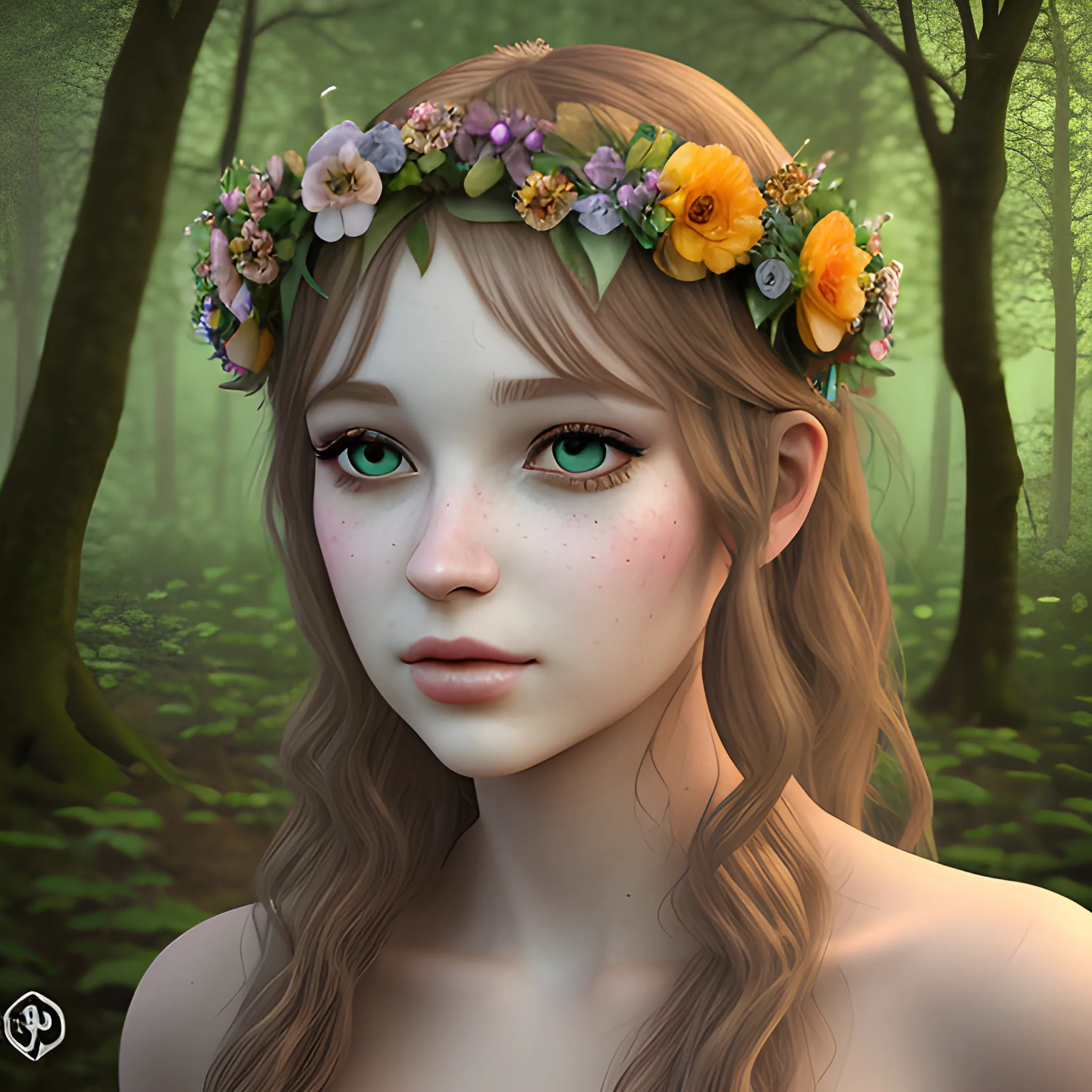 portrait of a nymph with a flower crown in a forest, fantasy style, 3D, photorealistic, photoshoot, depth of field