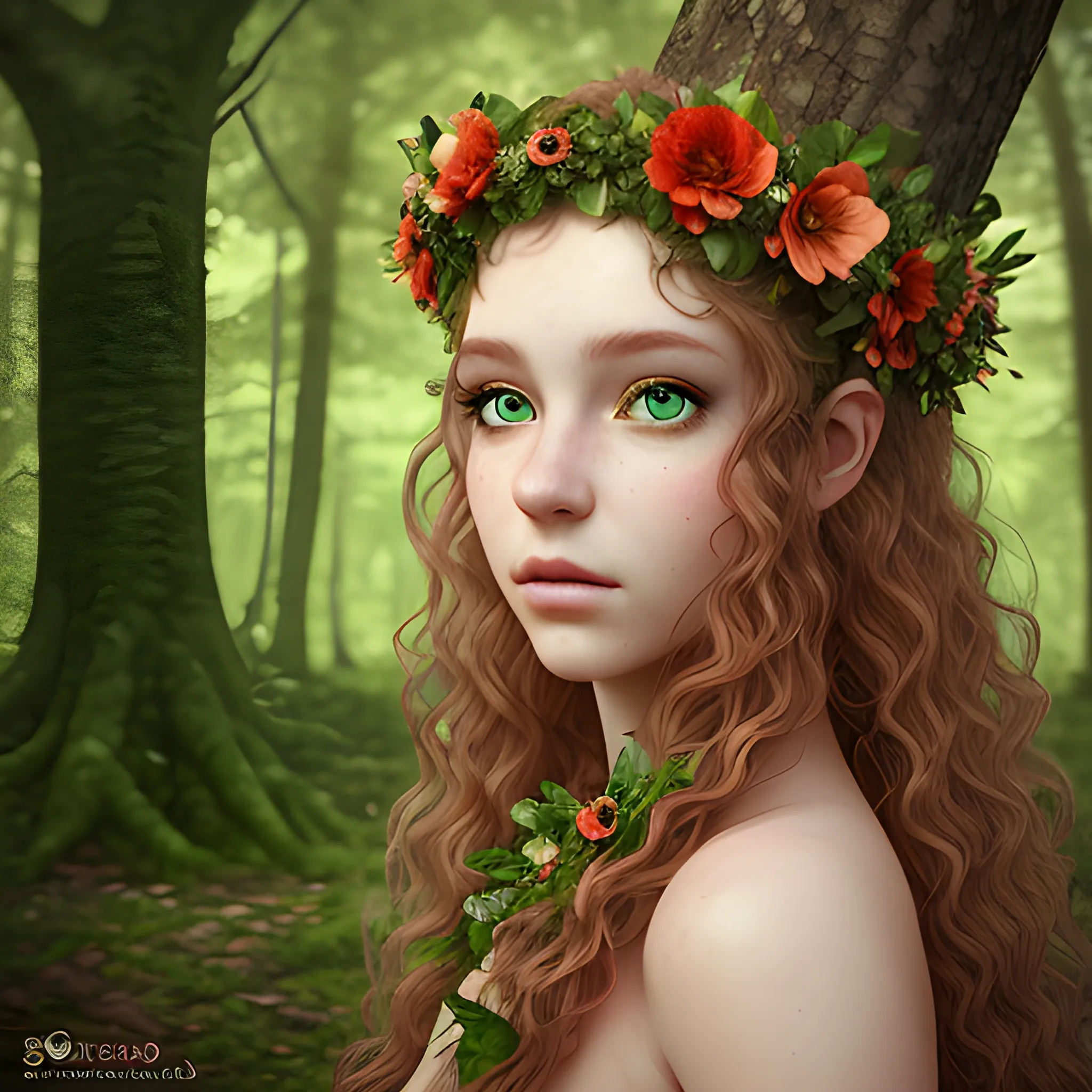 portrait of a nymph with a flower crown in a forest, fantasy style, 3D, photorealistic, photoshoot, depth of field, deep green eyes and red curly hair