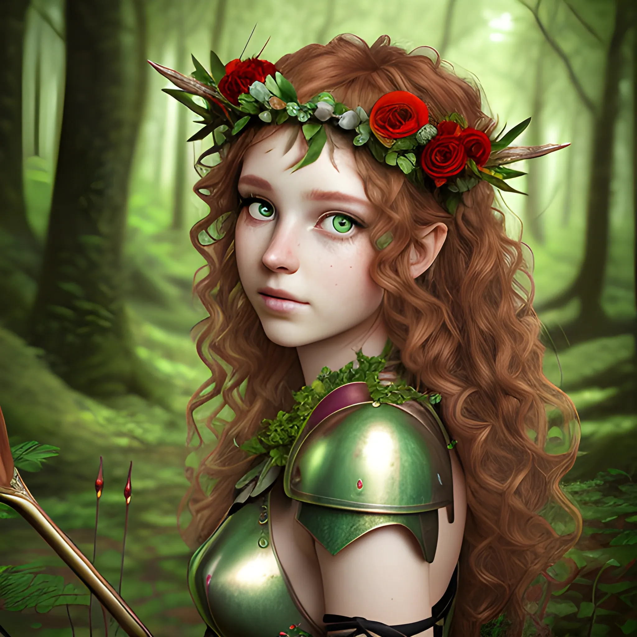 portrait of a nymph with a flower crown in a forest, fantasy style, 3D, photorealistic, photoshoot, depth of field, deep green eyes and red curly hair, a light armor with bow and arrows