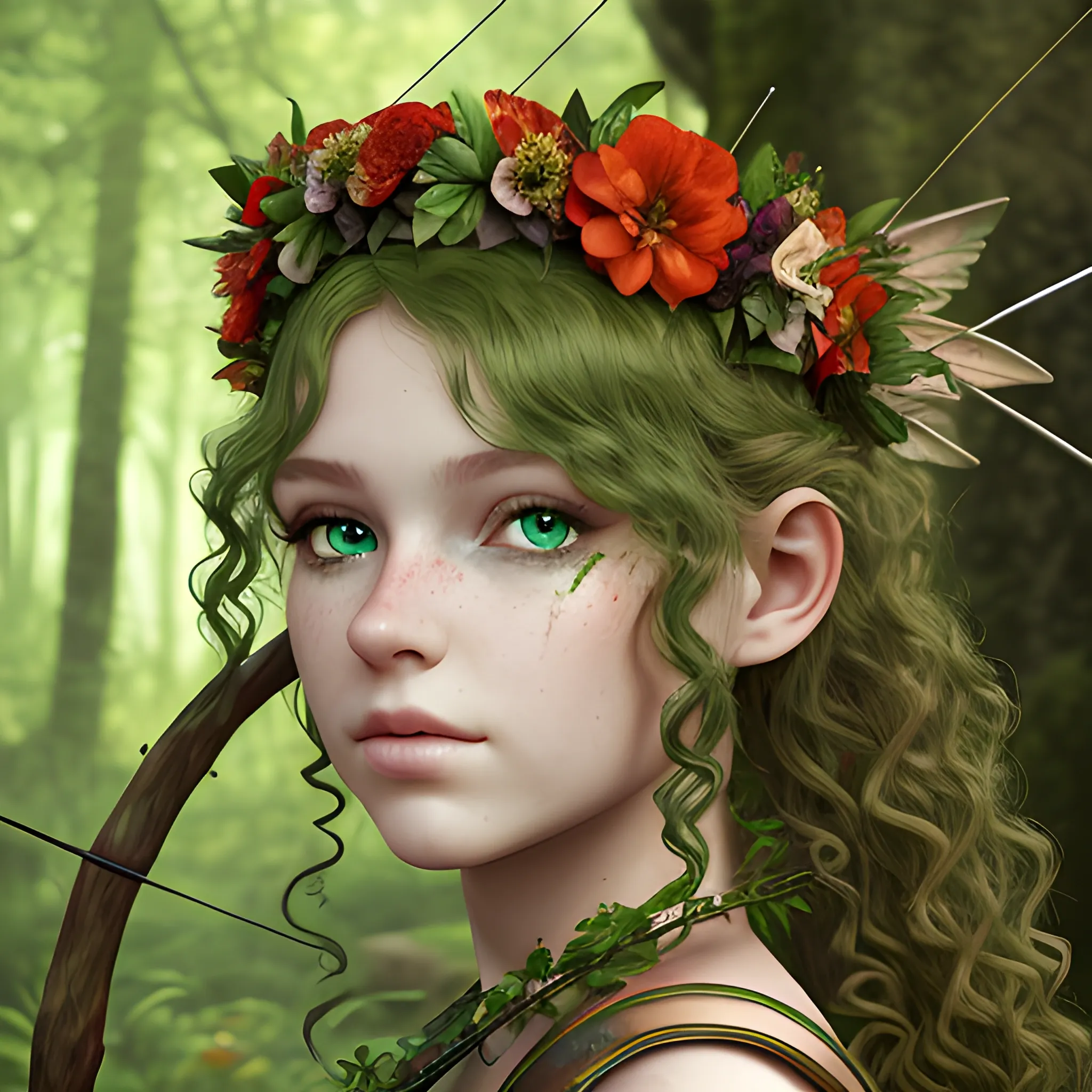 portrait of a nymph with a flower crown in a forest, fantasy style, 3D, photorealistic, photoshoot, depth of field, deep green eyes and red curly hair, a light armor with bow and arrows, hyper realistic