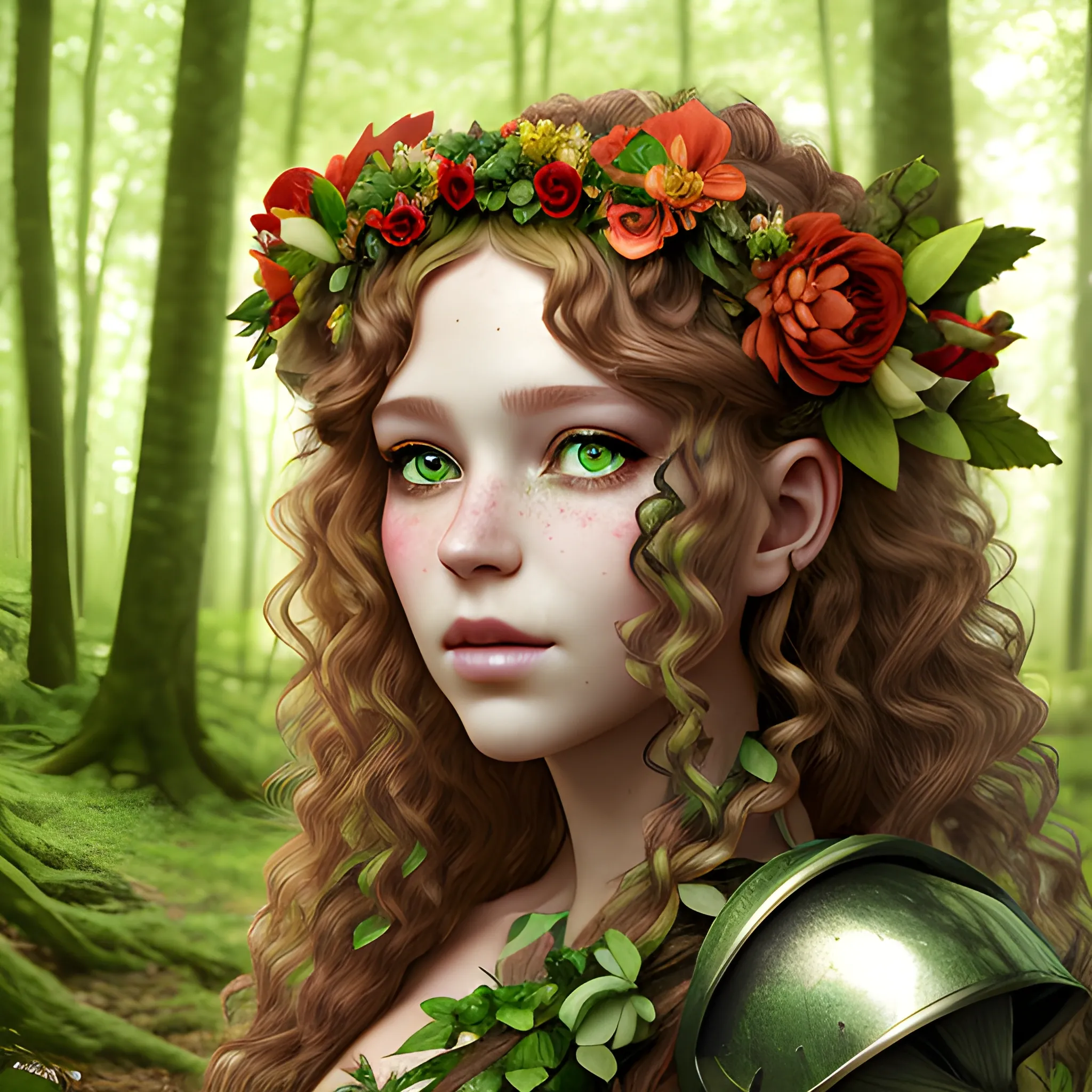 portrait of a nymph with a flower crown in a forest, fantasy style, 3D, photorealistic, photoshoot, depth of field, deep green eyes and red curly hair, a light armor with bow and arrows, hyper realistic