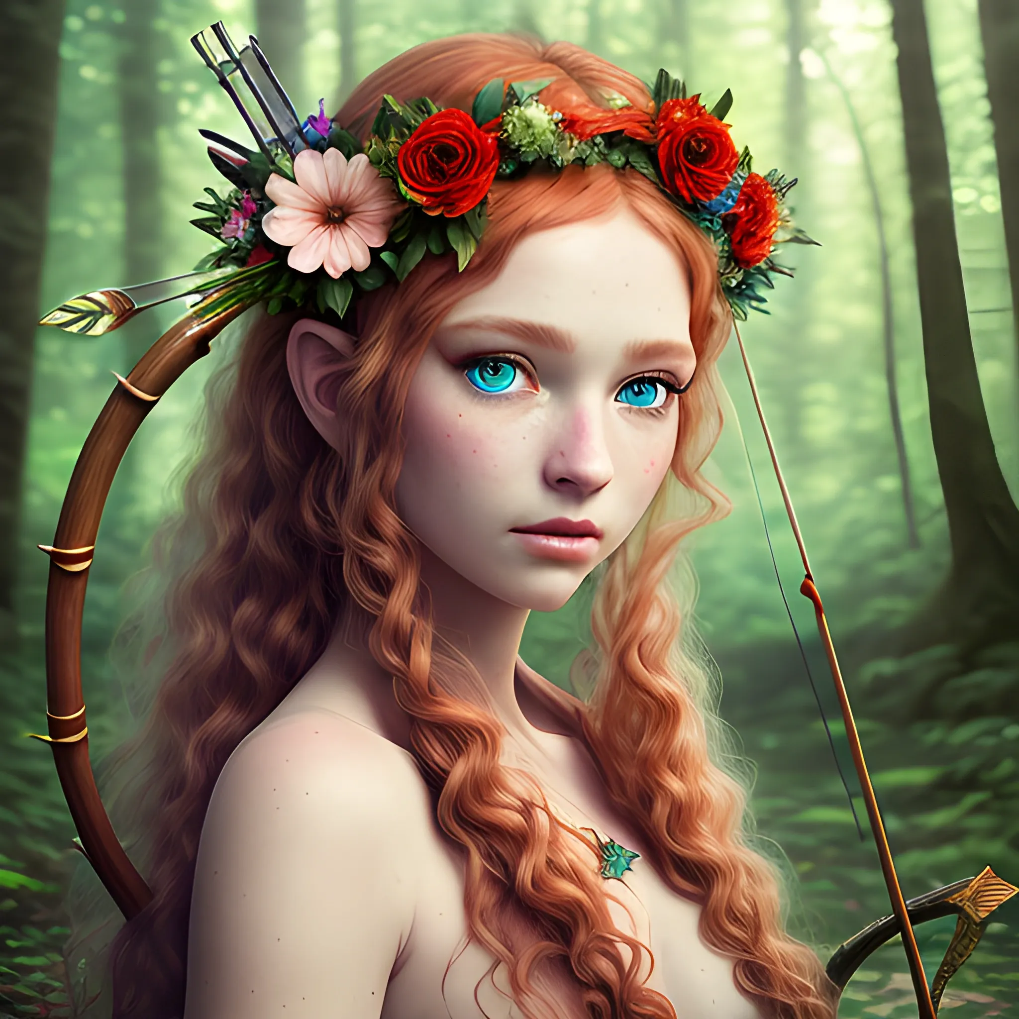 portrait of a nymph with a flower crown in a forest, fantasy style, 3D, photorealistic, photoshoot, depth of field, deep blue eyes and red curly hair, a light armor with bow and arrows, hyper realistic