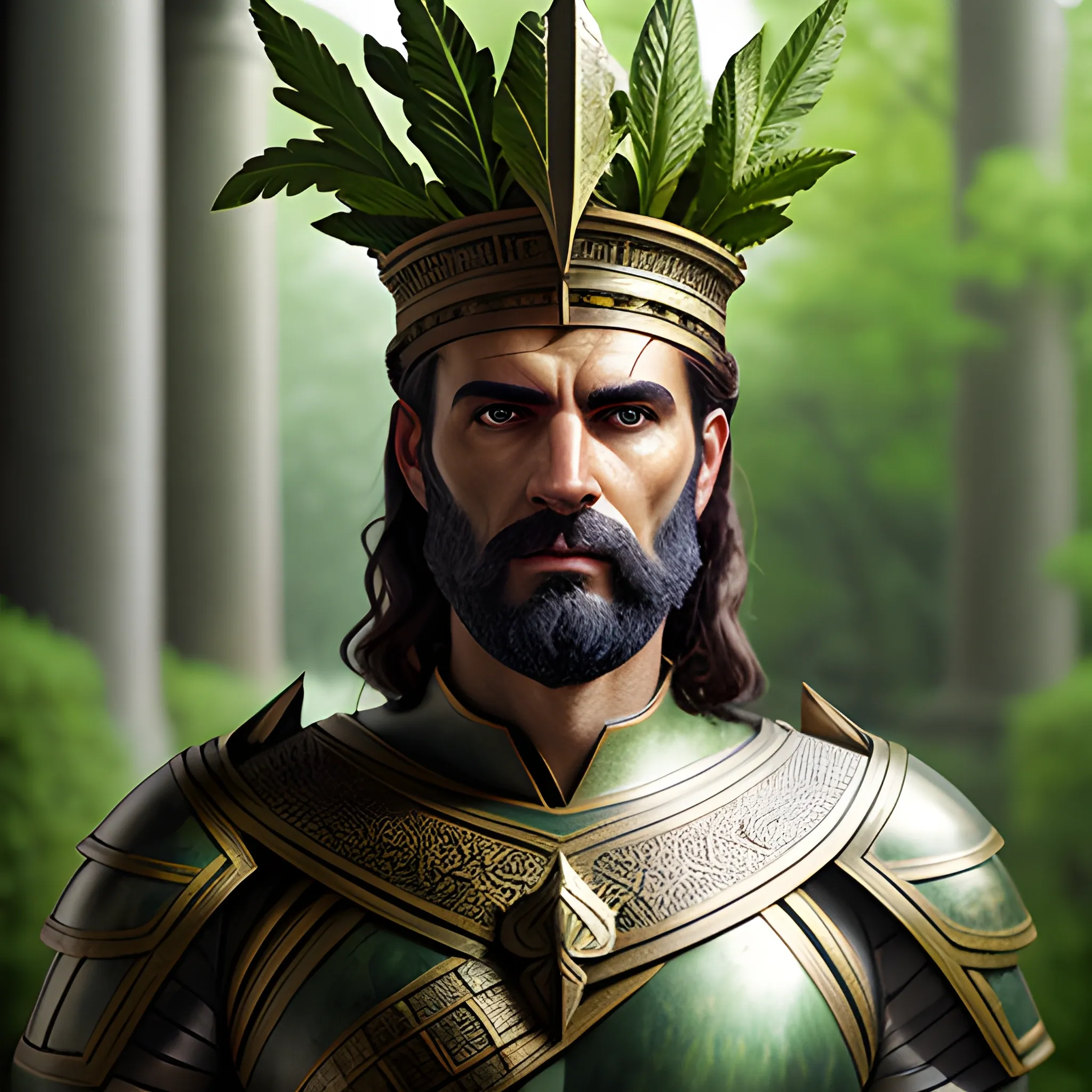 portrait of a realistic young Ancient Greek, with a green leaves of laurel crown, a soldier armor, young, hyper realistic, photo, depth of field, fantasy, , 3D, athletic