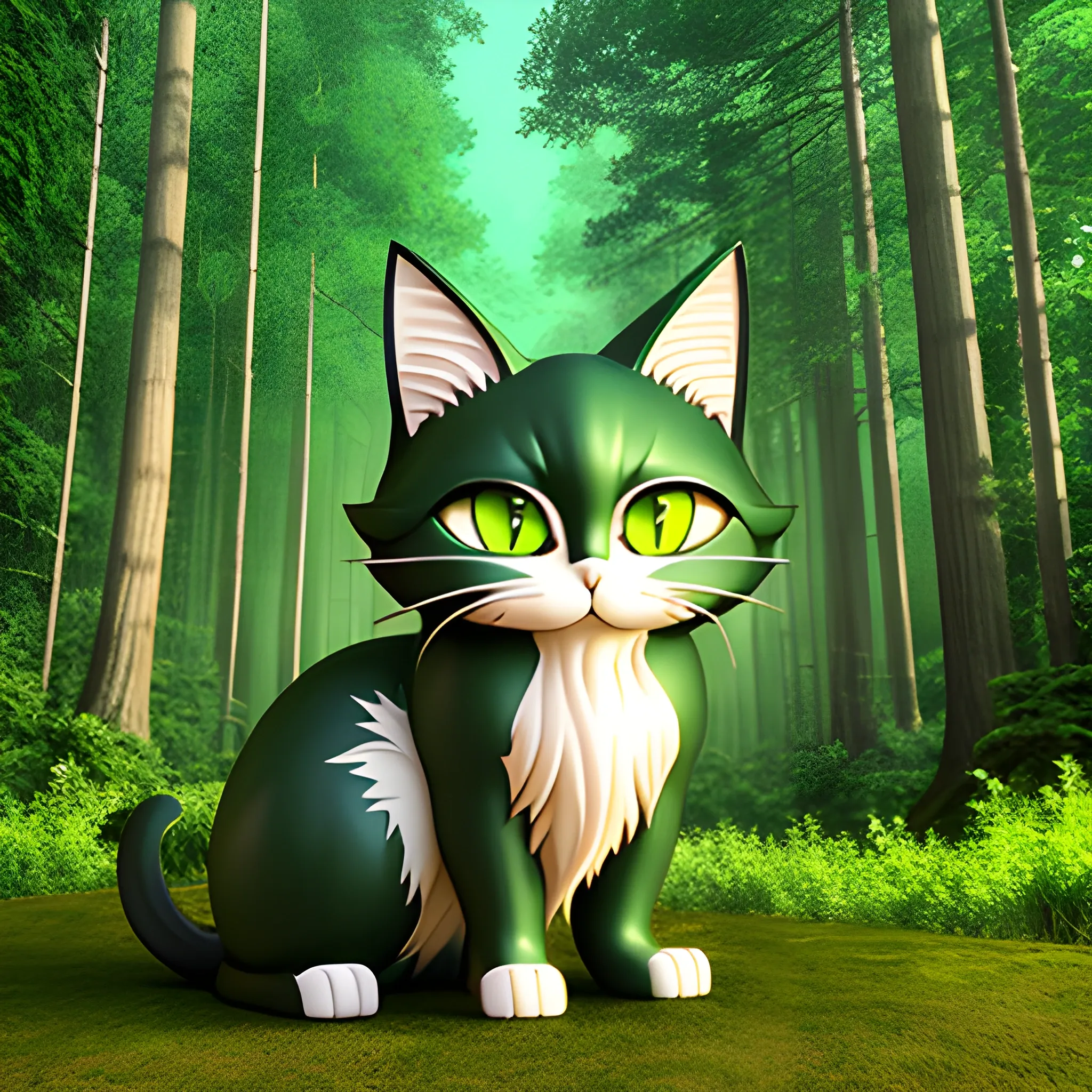 anime cat boy, perfect face, green eyes, lips, wavy hair, strong legs, tall stature, fantasy, natural forest, perfect, realistic, 3D
