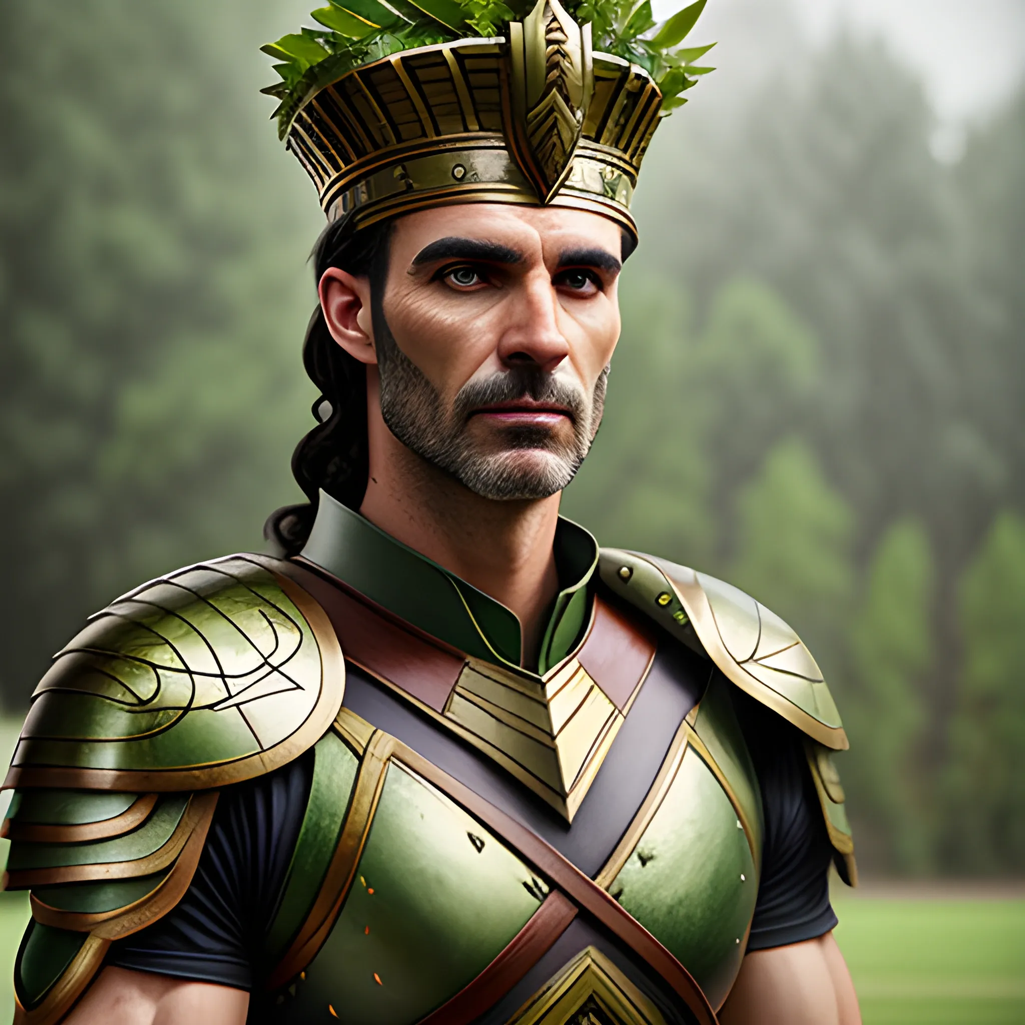 portrait of a realistic young athletic Ancient Greek, with a green leaves of laurel crown, a soldier armor, young, hyper realistic, photo, depth of field, fantasy, , 3D, athletic