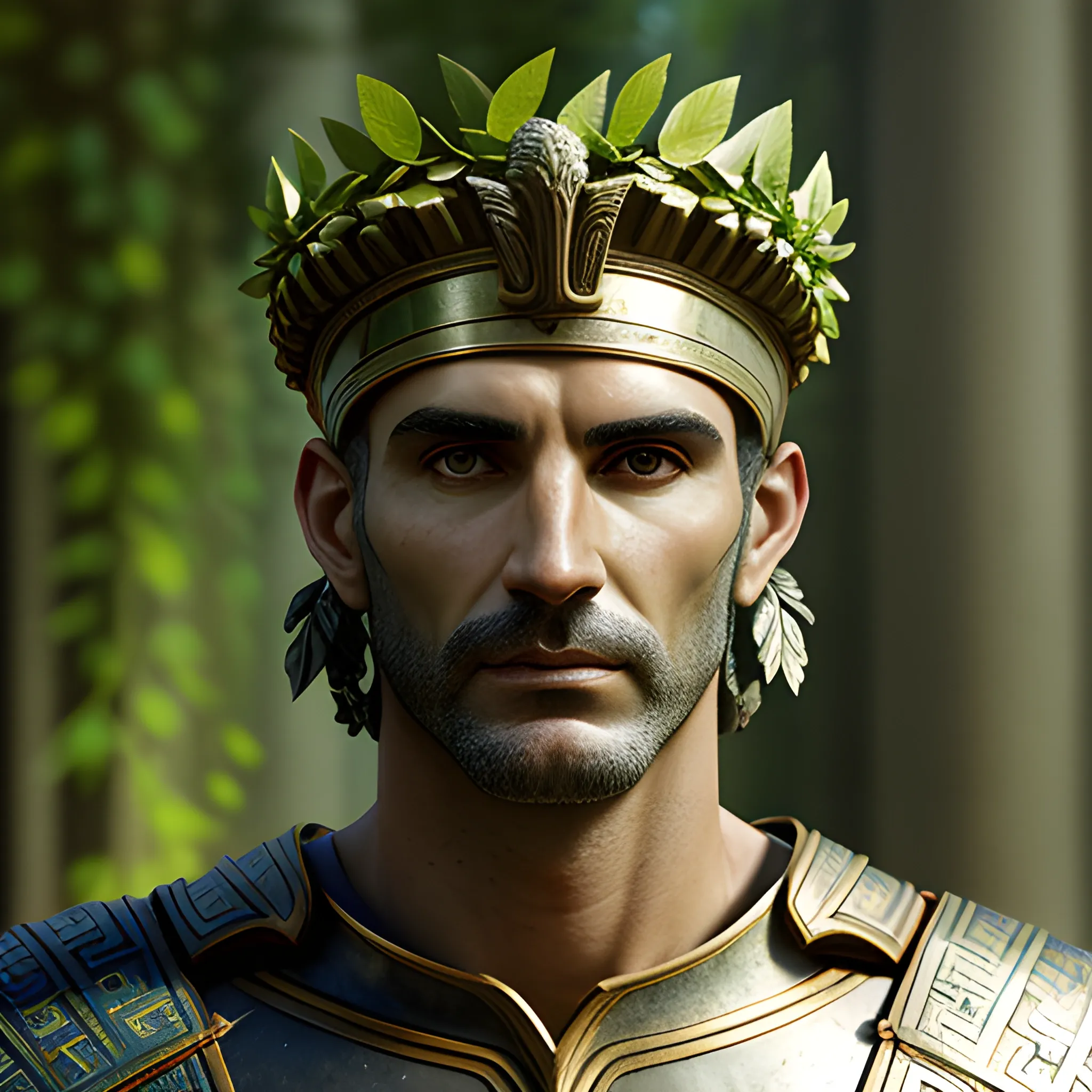 portrait of a realistic (young) athletic Ancient Greek, with a green leaves of laurel crown, a soldier armor, young, hyper realistic, photo, depth of field, fantasy, , 3D, athletic, human