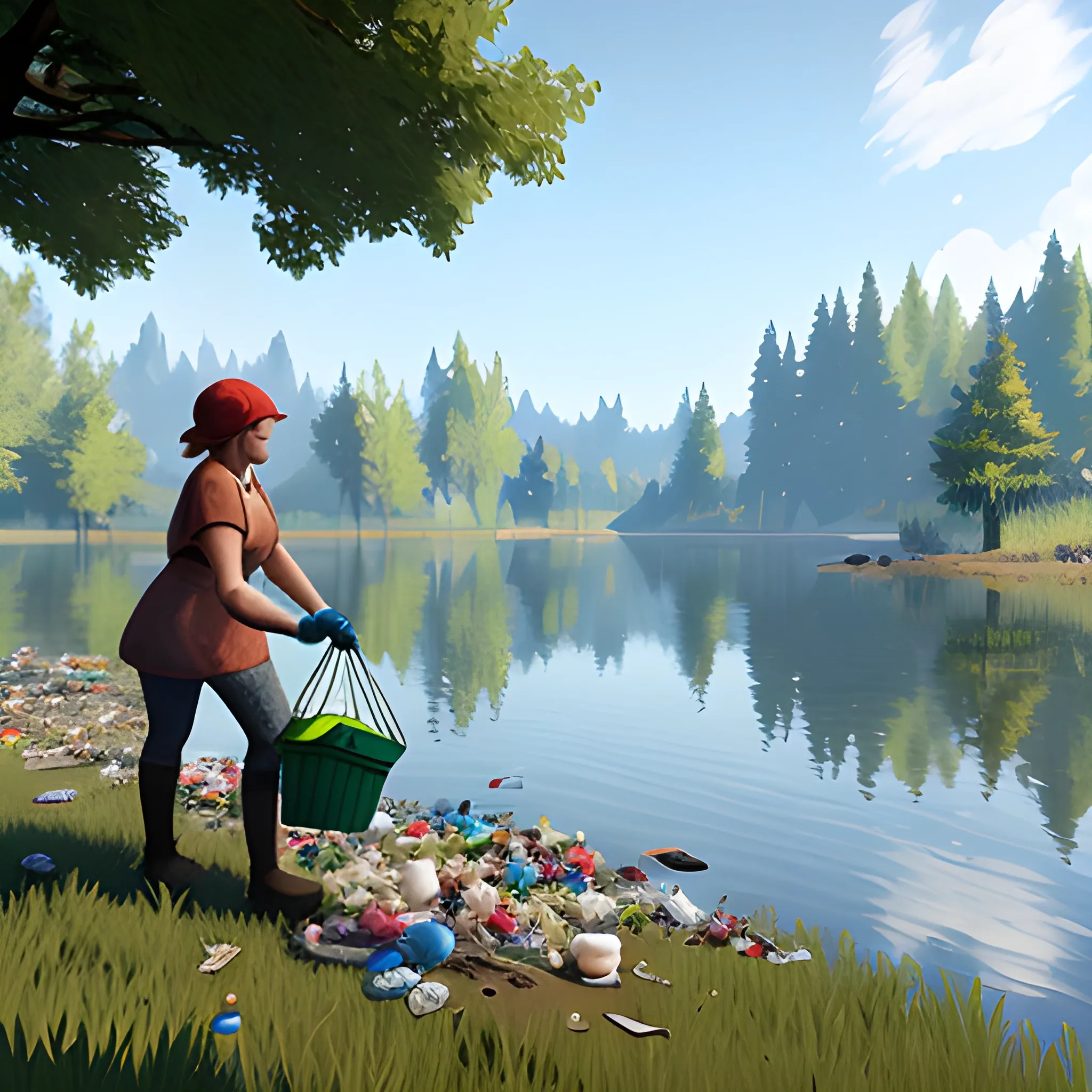 woman collecting trash next to a lake, videogame style