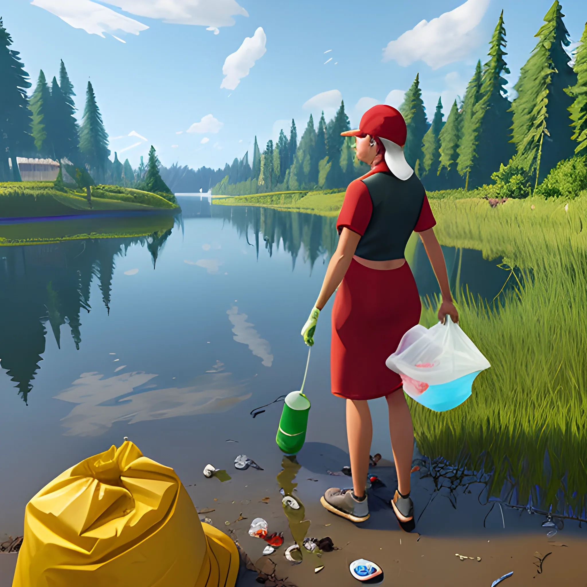 woman collecting trash next to a lake, videogame style