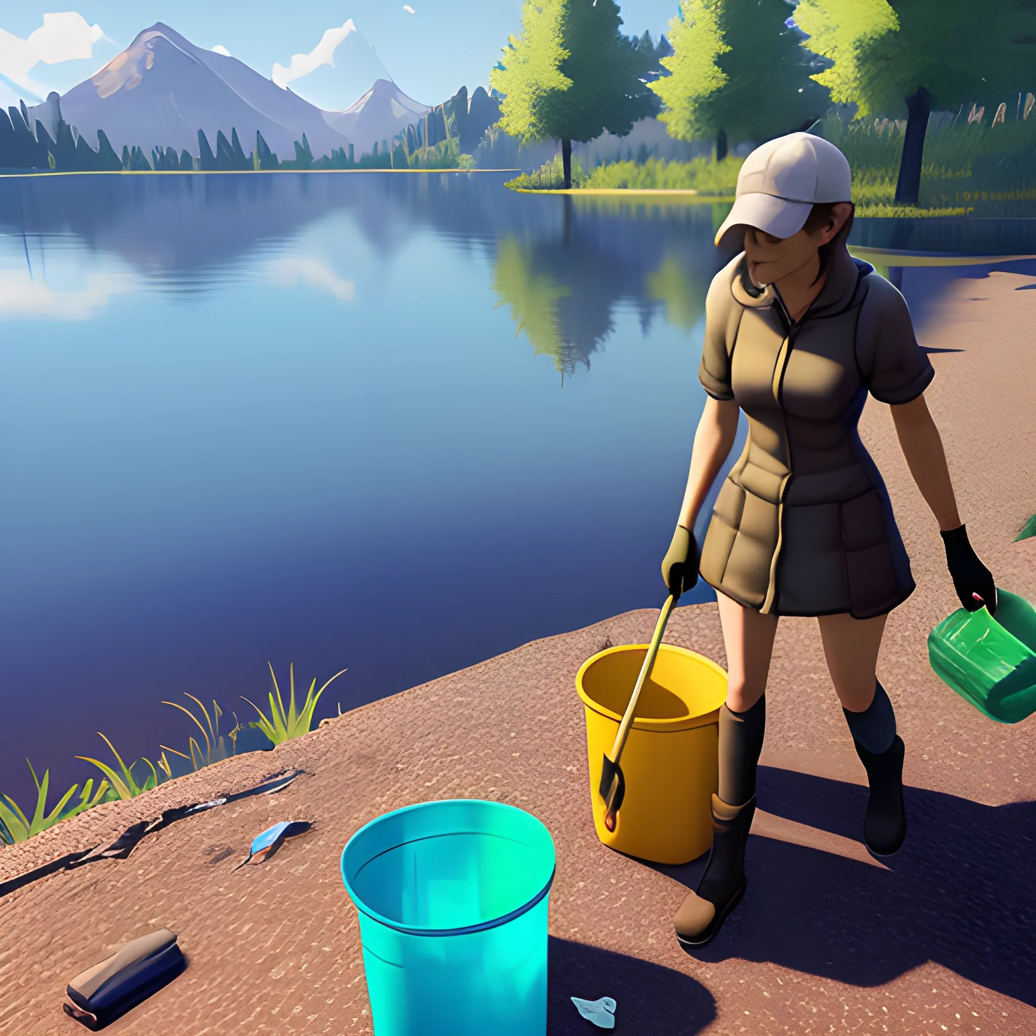 woman collecting trash next to a lake, videogame style