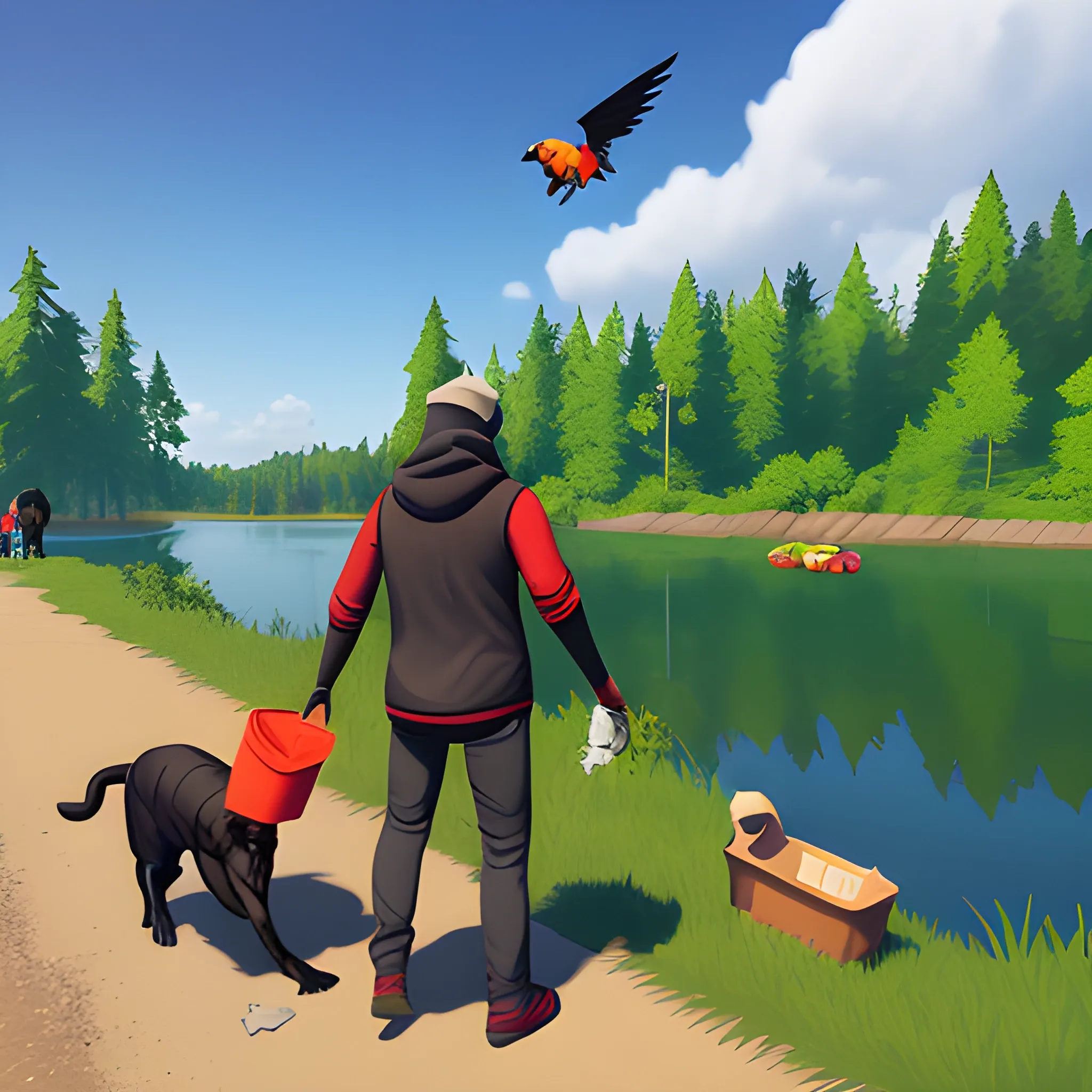 man with a mask and a flying puppy collecting garbage next to a lake, videogame style