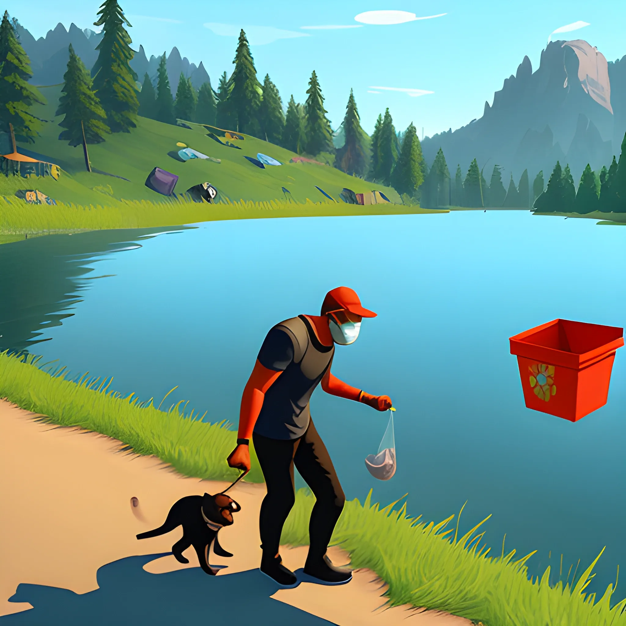 man with a mask and a flying puppy collecting garbage next to a lake, videogame style