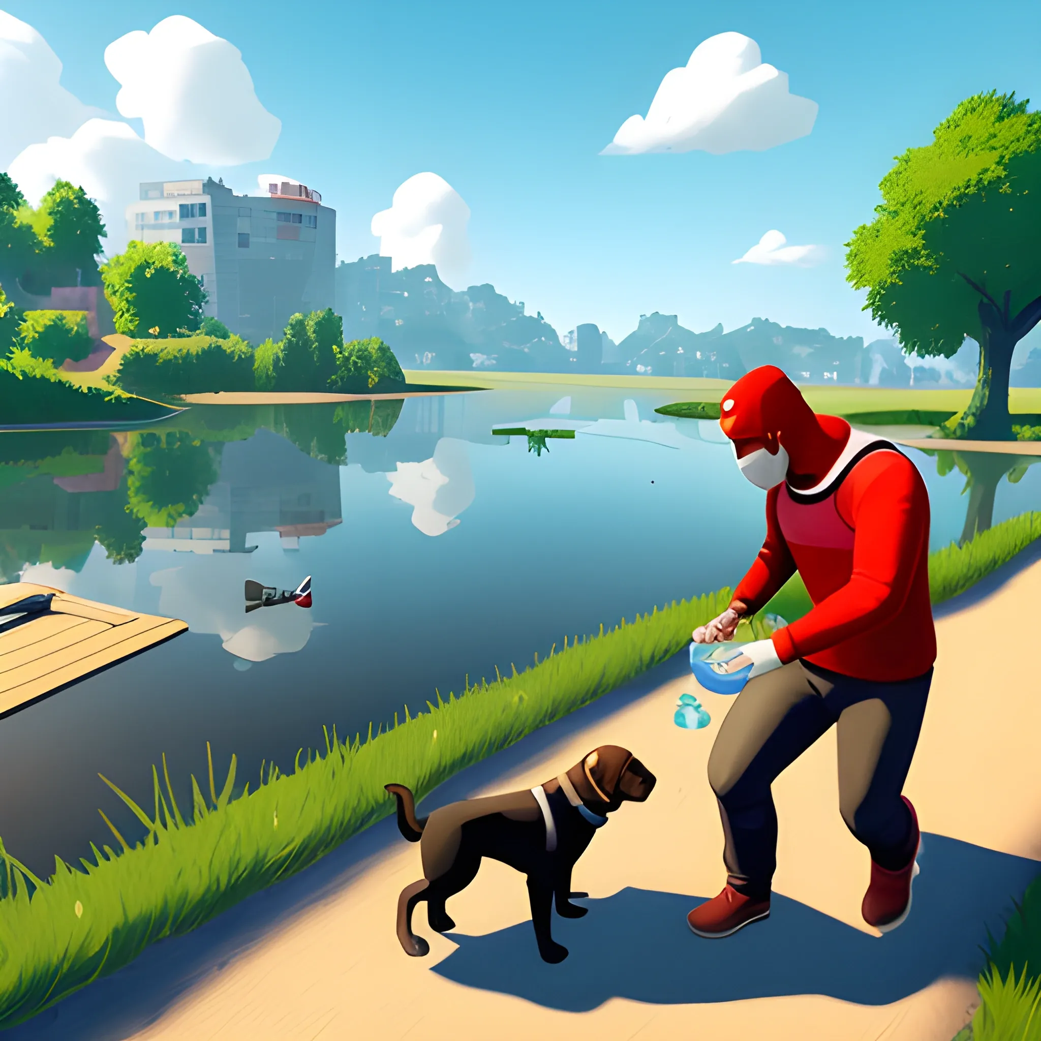 man with a mask and a flying puppy collecting garbage next to a lake, videogame style