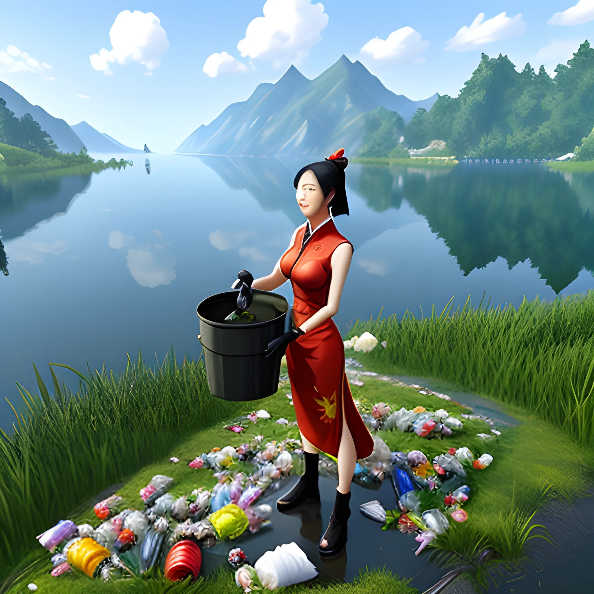 a chinese girl collecting garbage next to a lake, videogame style