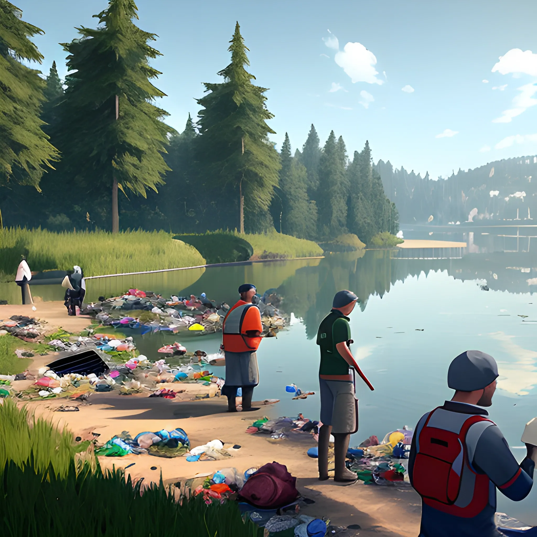 
many people collecting garbage next to a lake, videogame style