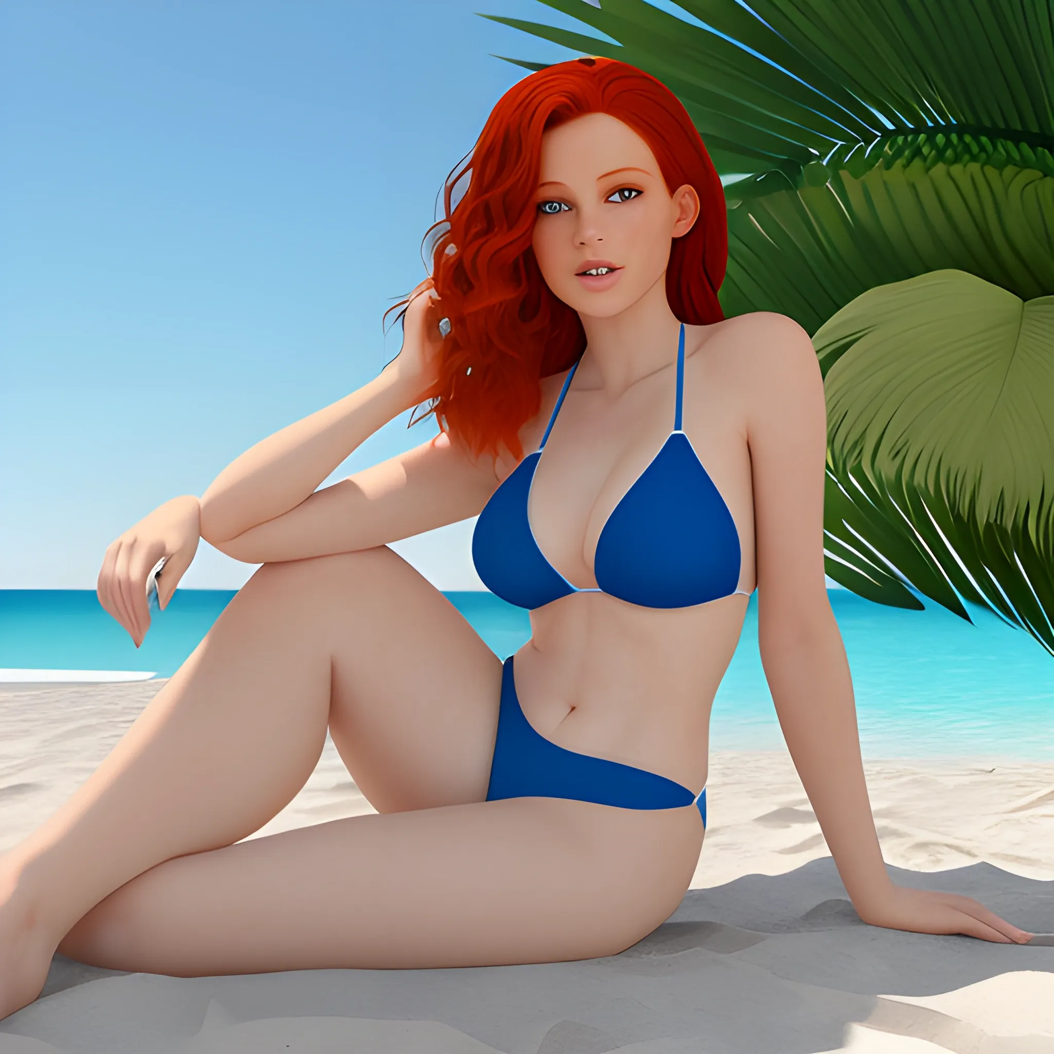 a beautiful redhead with flecness in a diminute 2 pieces swim suite, 3D