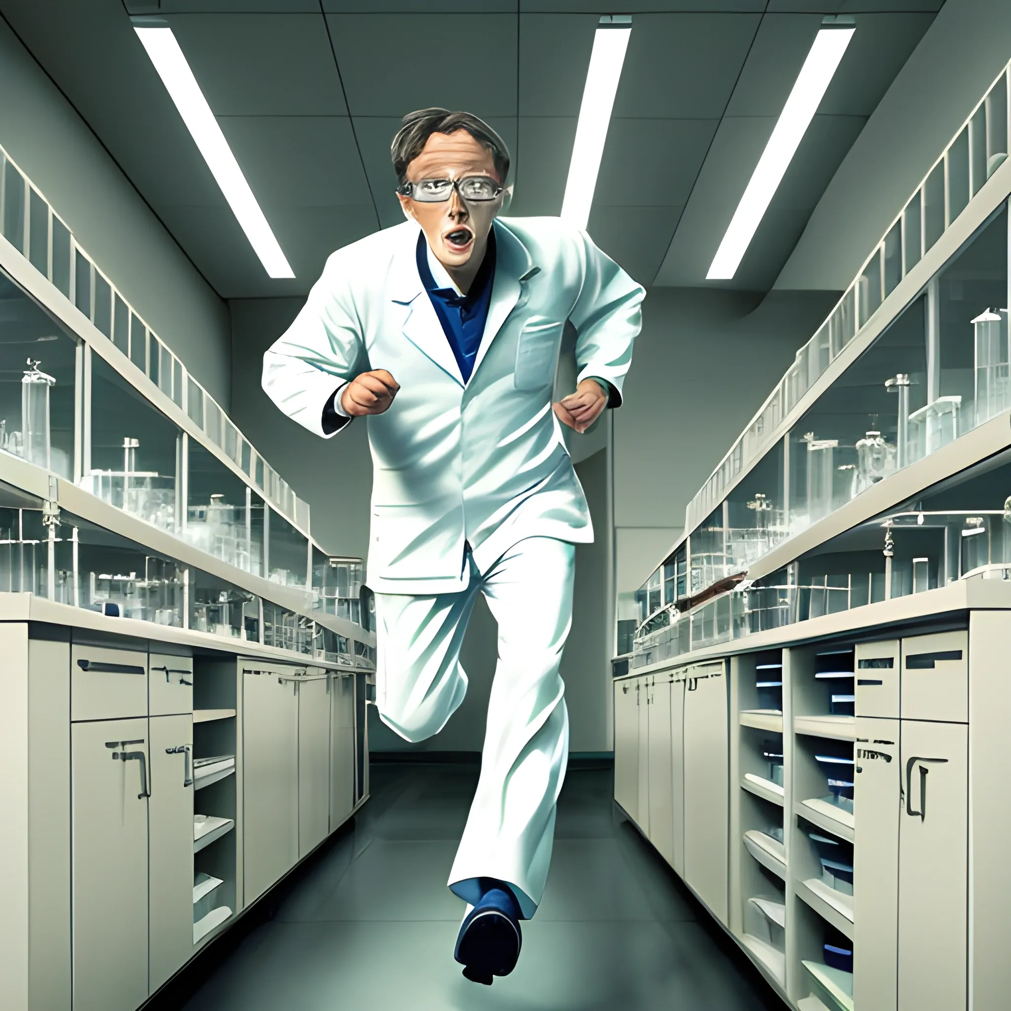 scientist running from his laboratory