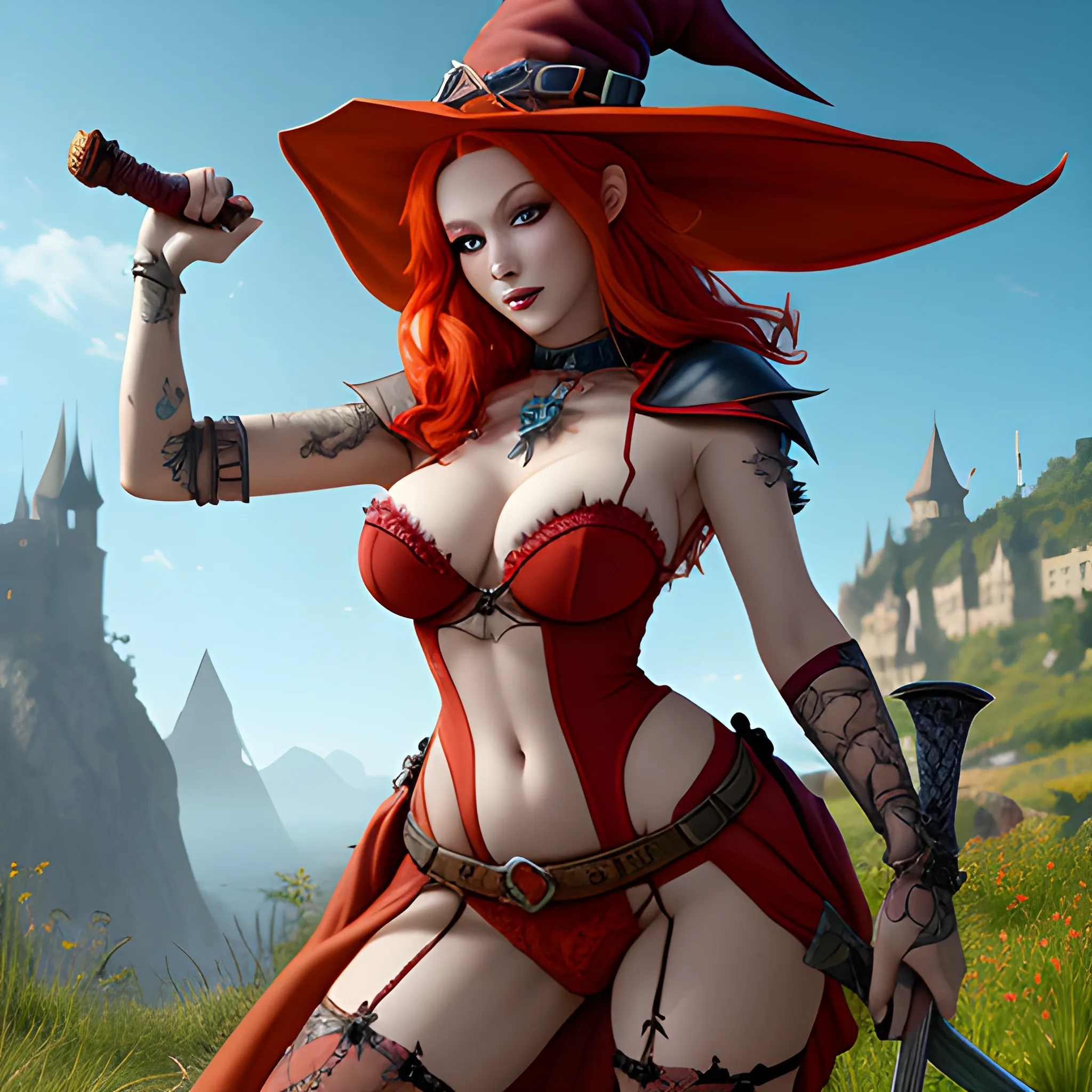, Cartoon, Cartoon, Cartoon beautiful red witch with red hair, skimpy red clothes and witch hat, shitting in a streaming roo, She has a sword in her hand, breasty, high fantasy, 8k, high resolution, high quality, photorealistic, hyperealistic, detailed, detailed matte painting, deep color, fantastical, intricate detail, splash screen, complementary colors, fantasy concept art, 8k resolution trending on Artstation Unreal Engine 5