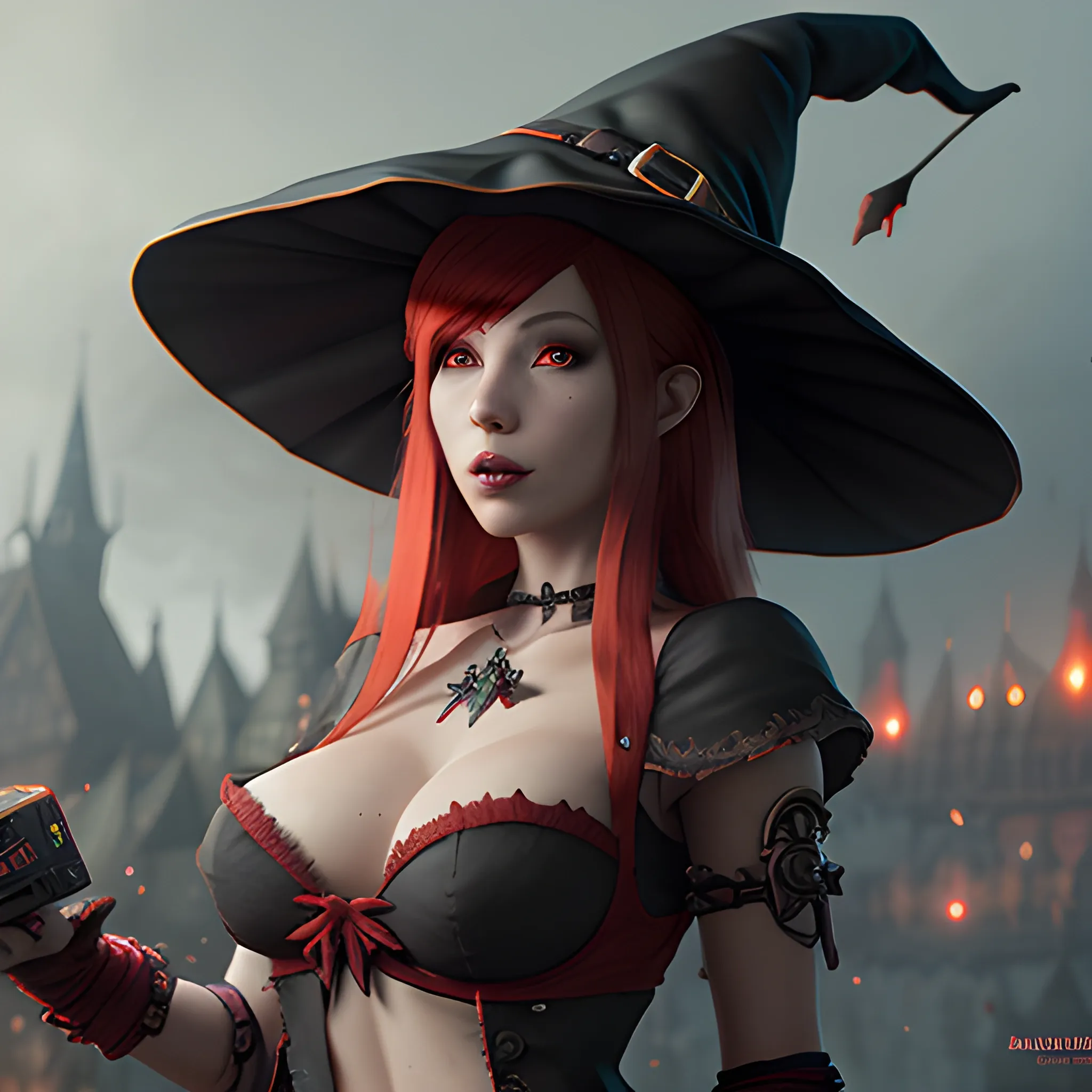 beautiful witch with red hair, skimpy red clothes and witch hat, She has a gaming console in her hand, breasty, high fantasy, 8k, high resolution, high quality, photorealistic, hyperealistic, detailed, detailed matte painting, deep color, fantastical, intricate detail, splash screen, complementary colors, fantasy concept art, 8k resolution trending on Artstation Unreal Engine 5