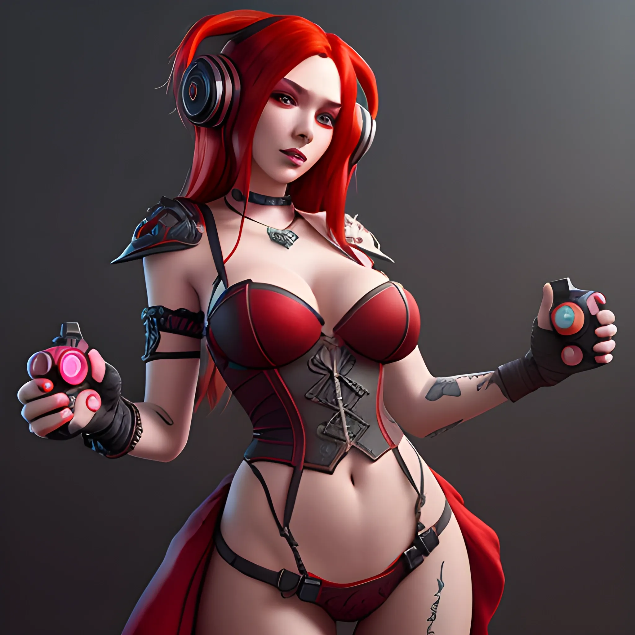 beautiful red witch with red hair, skimpy red clothes and gaming headphones, She has a gaming controller in her hand, breasty, high fantasy, 8k, high resolution, high quality, photorealistic, hyperealistic, detailed, detailed matte painting, deep color, fantastical, intricate detail, splash screen, complementary colors, fantasy concept art, 8k resolution trending on Artstation Unreal Engine 5, twitch streamer, Cartoon