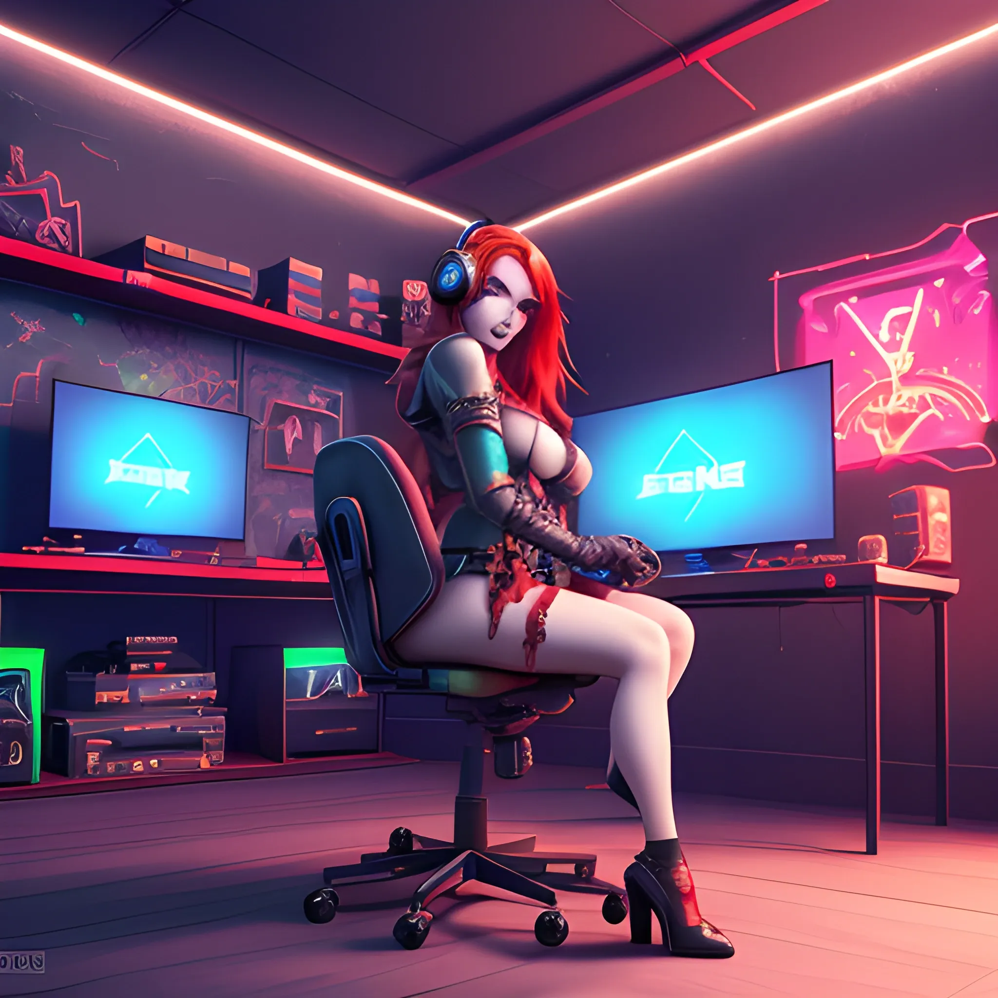 beautiful red witch with red hair, skimpy red clothes and gaming headphones, She has a gaming controller in her hand, breasty, high fantasy, 8k, high resolution, high quality, photorealistic, hyperealistic, detailed, detailed matte painting, deep color, fantastical, intricate detail, splash screen, complementary colors, fantasy concept art, 8k resolution trending on Artstation Unreal Engine 5, twitch streamer, Cartoon, streaming background, streaming chair, beautiful neon room