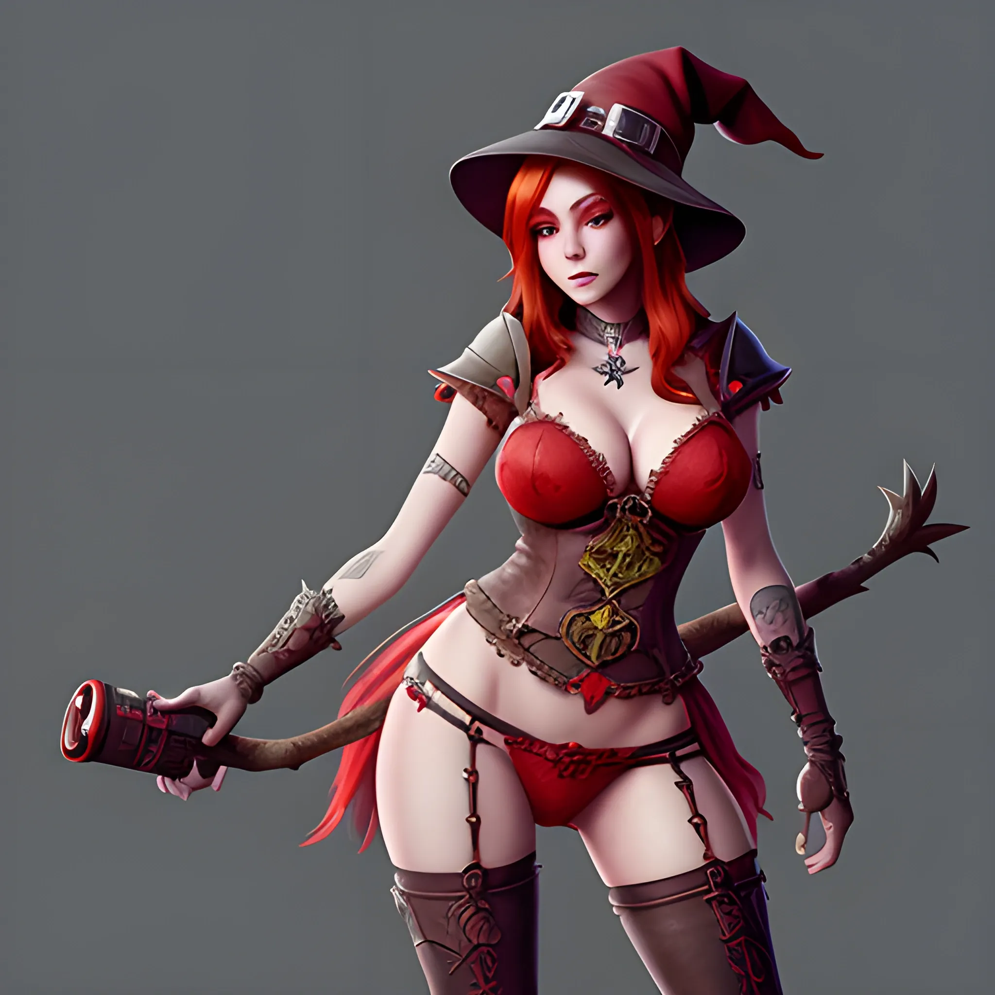 beautiful mascot of red witch with red hair, skimpy red clothes and witch hat, She has a gaming controller in her hand, breasty, high fantasy, 8k, high resolution, high quality, photorealistic, hyperealistic, detailed, detailed matte painting, deep color, fantastical, intricate detail, splash screen, complementary colors, fantasy concept art, 8k resolution trending on Artstation Unreal Engine 5, Cartoon
