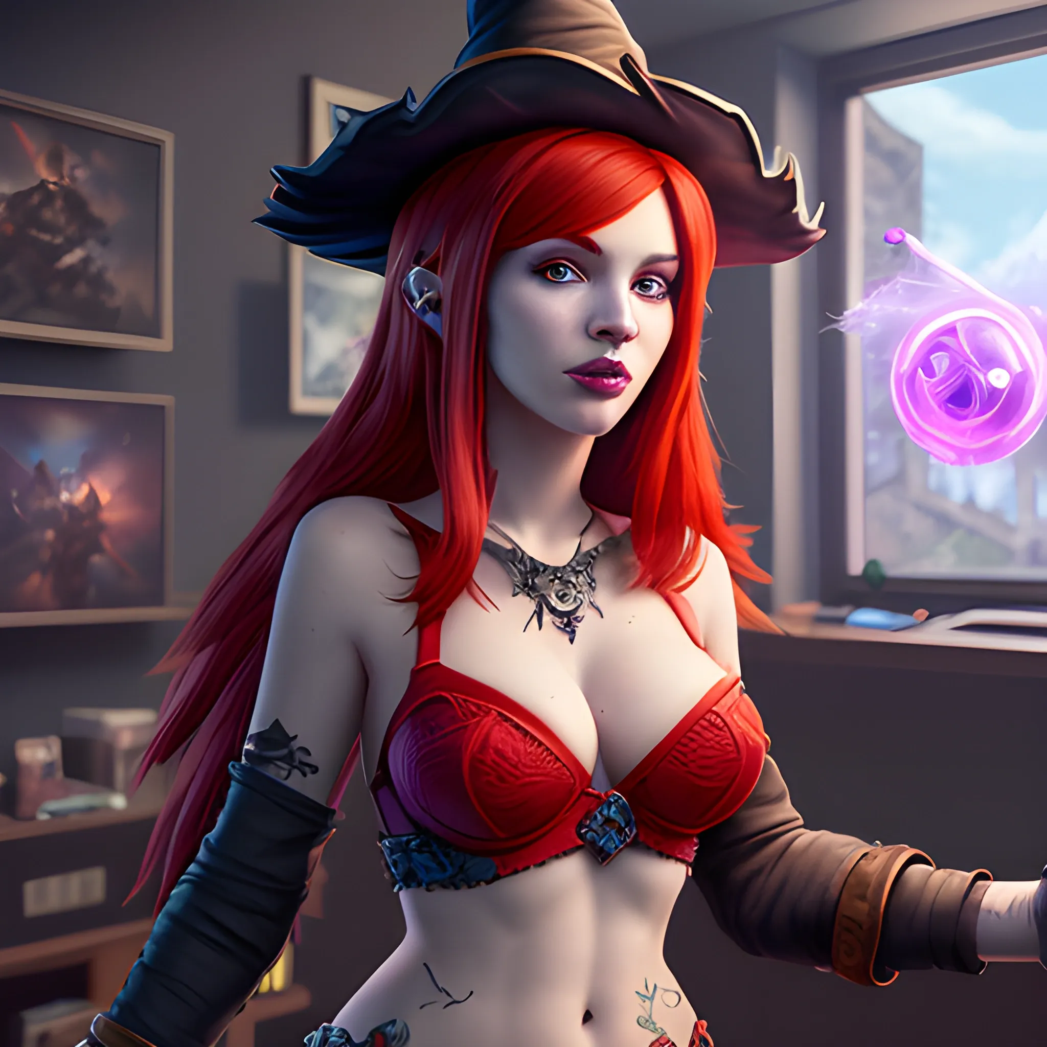 beautiful mascot of red witch with red hair, skimpy red clothes and witch hat, She has a gaming controller in her hand, breasty, high fantasy, 8k, high resolution, high quality, photorealistic, hyperealistic, detailed, detailed matte painting, deep color, fantastical, intricate detail, splash screen, complementary colors, fantasy concept art, 8k resolution trending on Artstation Unreal Engine 5, Cartoon. Gaming streamer , Trippy