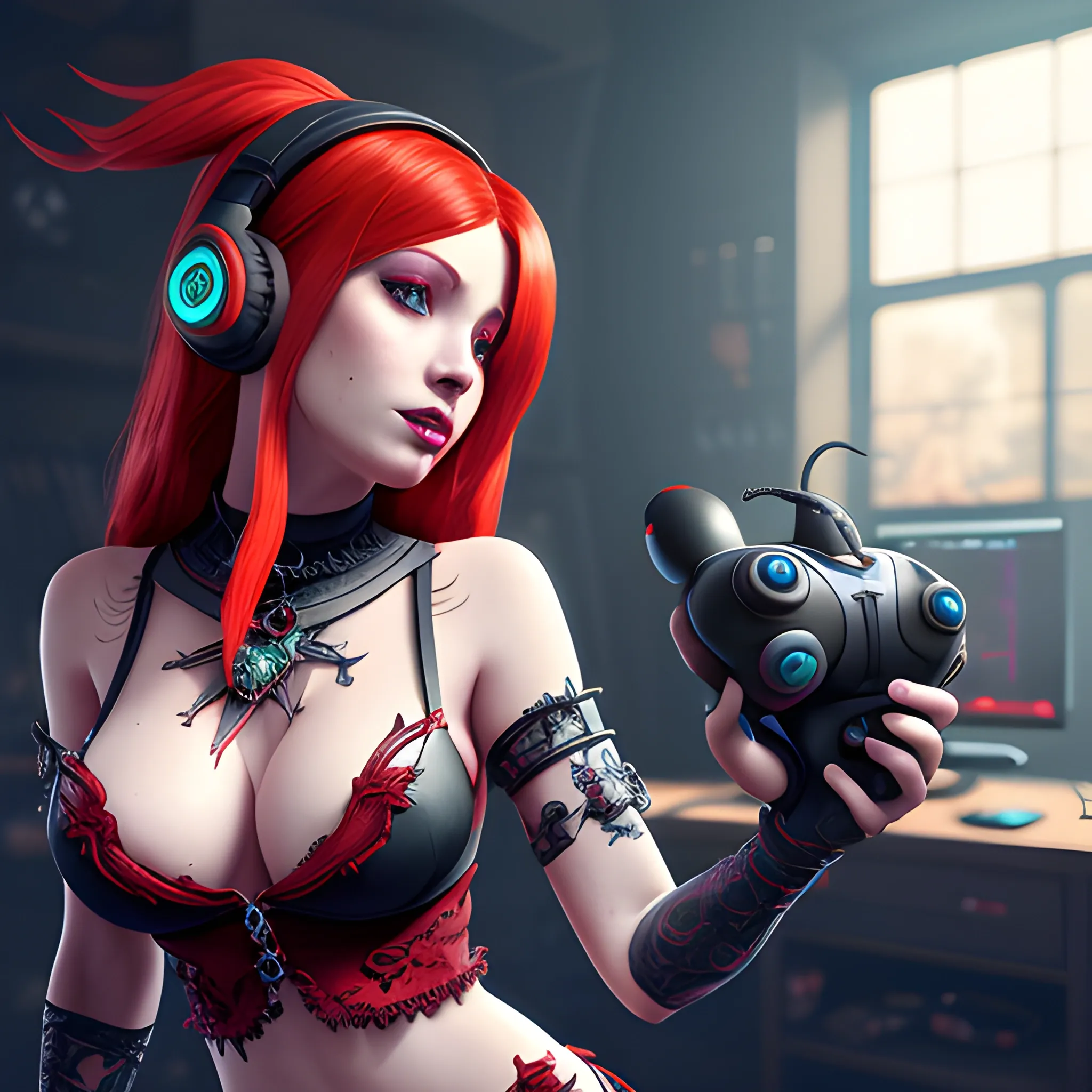 beautiful mascot of red witch with red hair, skimpy red clothes and witch style gaming headphones , She has a gaming controller in her hand, breasty, high fantasy, 8k, high resolution, high quality, photorealistic, hyperealistic, detailed, detailed matte painting, deep color, fantastical, intricate detail, splash screen, complementary colors, fantasy concept art, 8k resolution trending on Artstation Unreal Engine 5, Cartoon. Gaming streamer , Trippy, Trippy, Cartoon