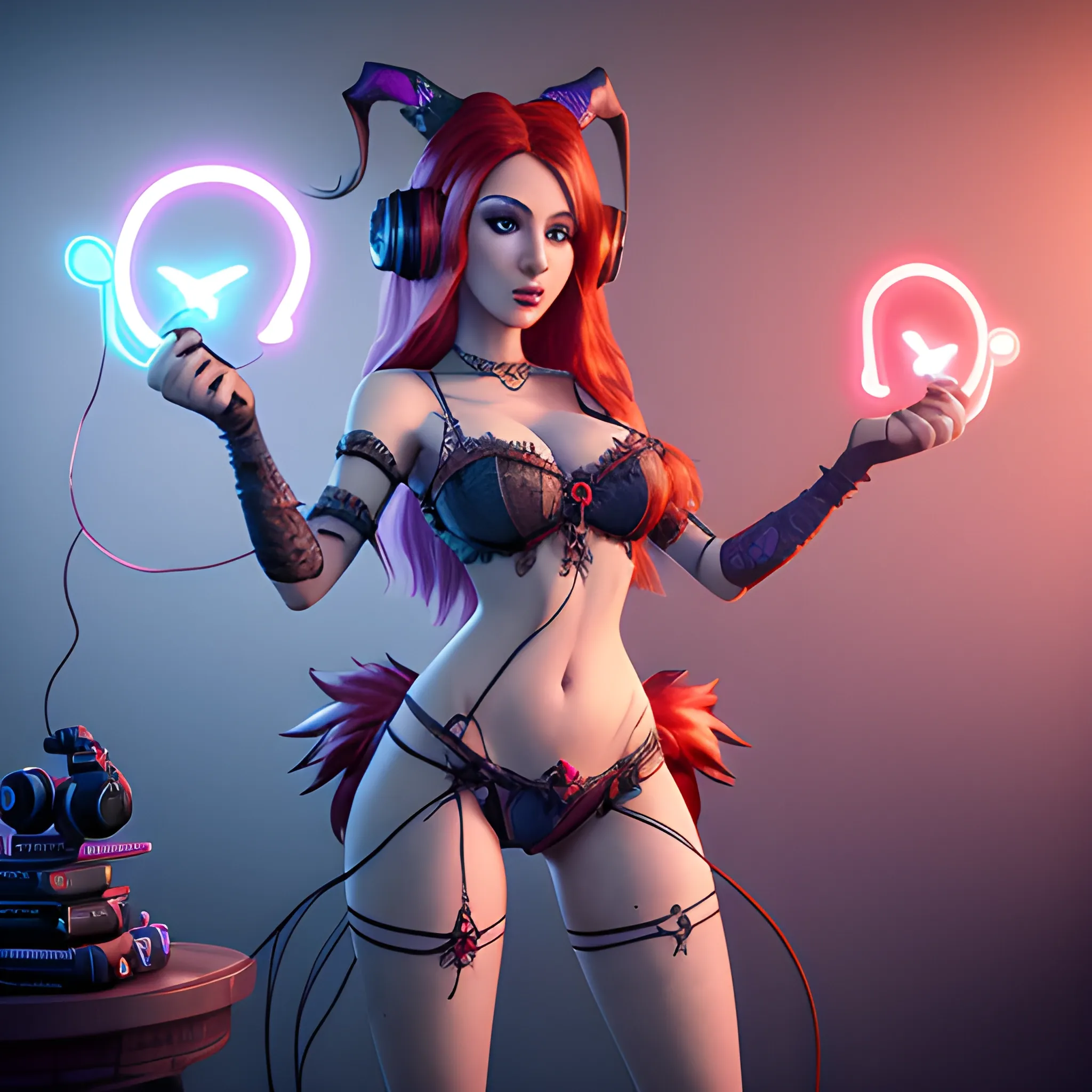 beautiful mascot of a witch with 
Beautiful hairs, skimpy red clothes and attract gaming headphones , She has a gaming PS5 controller in her hand, breasty, high fantasy, 8k, high resolution, high quality, photorealistic, hyperealistic, detailed, detailed matte painting, deep color, fantastical, intricate detail, splash screen, complementary colors, fantasy concept art, 8k resolution trending on Artstation Unreal Engine 5, Cartoon. Gaming streamer , Trippy, Cartoon, streaming room, strong colours, eye catching mascot , Cartoon