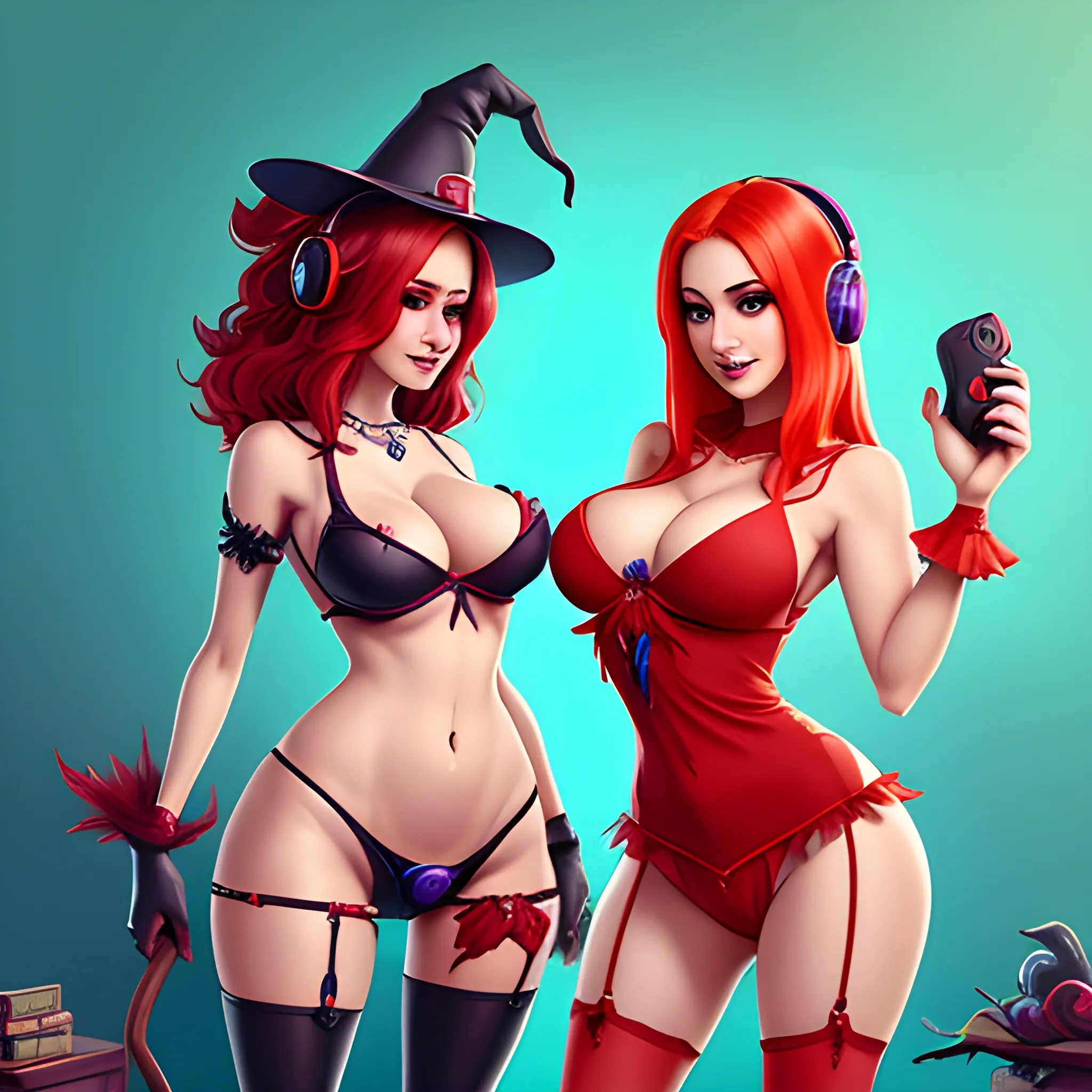 beautiful mascot of a witch with her husband, skimpy red clothes and attract gaming headphones , they have gaming PS5 controller in their hands, breasty, fantasy concept art, 4k resolution, streaming room, strong colours, eye catching mascot , Cartoon