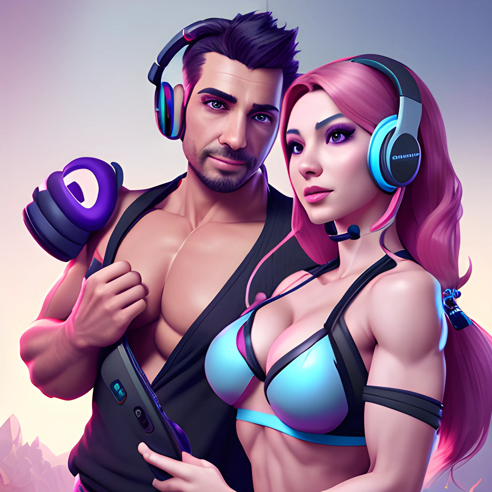 beautiful  streamer with her muscular husband, attractive gaming headphones , they have PS5 controller in their hands, breasty, fantasy concept art, 4k resolution,