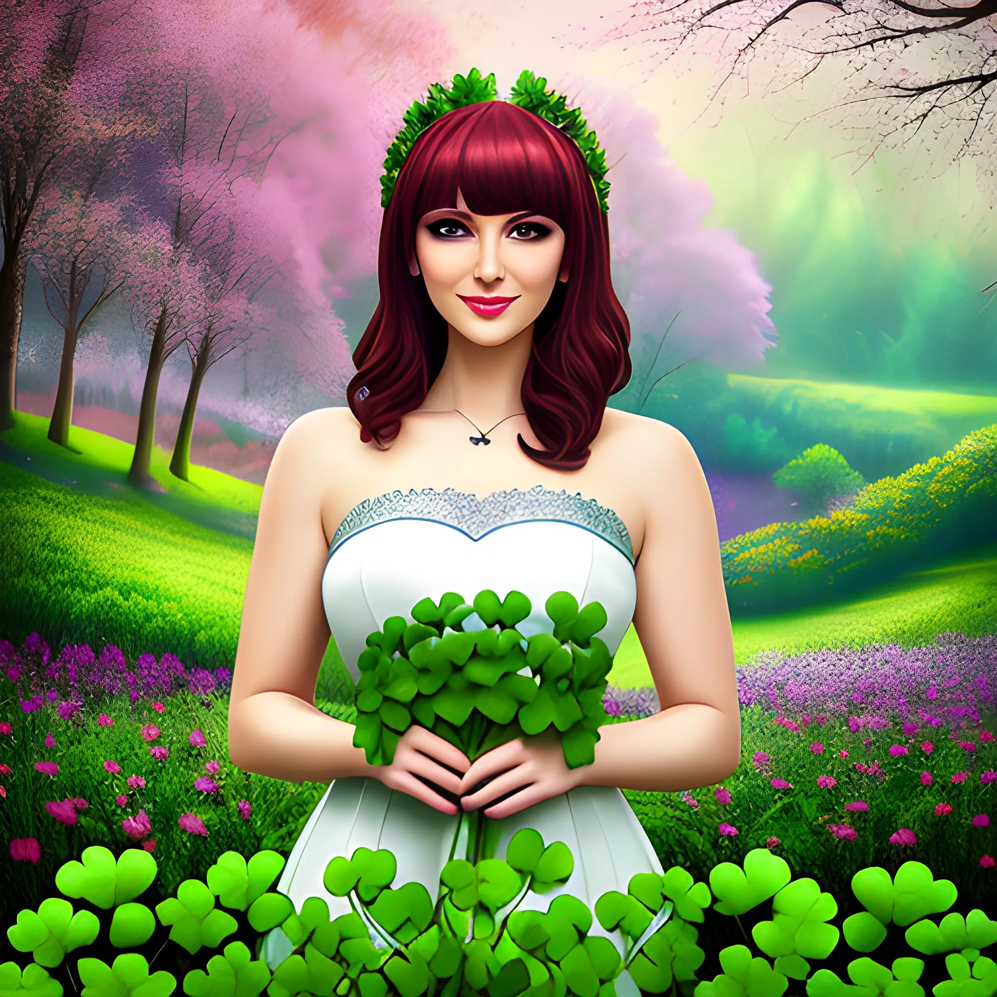niced looking cute kids dressed with flowers, nature background, shamrock fantasy, digital art, HD, high-quality image, very detailed, HDR