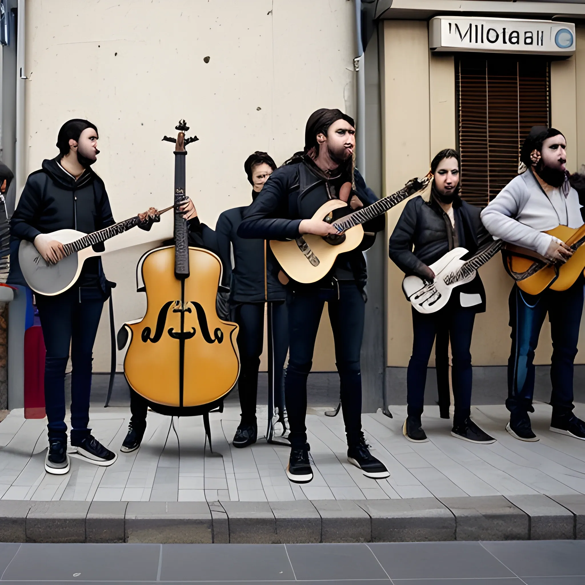 quiero una banda de música con 7 personas que no midan mas de  un metro y treinta centímetros, cada uno con un instrumento musical, y tocando en una calle con mas gente alrededor