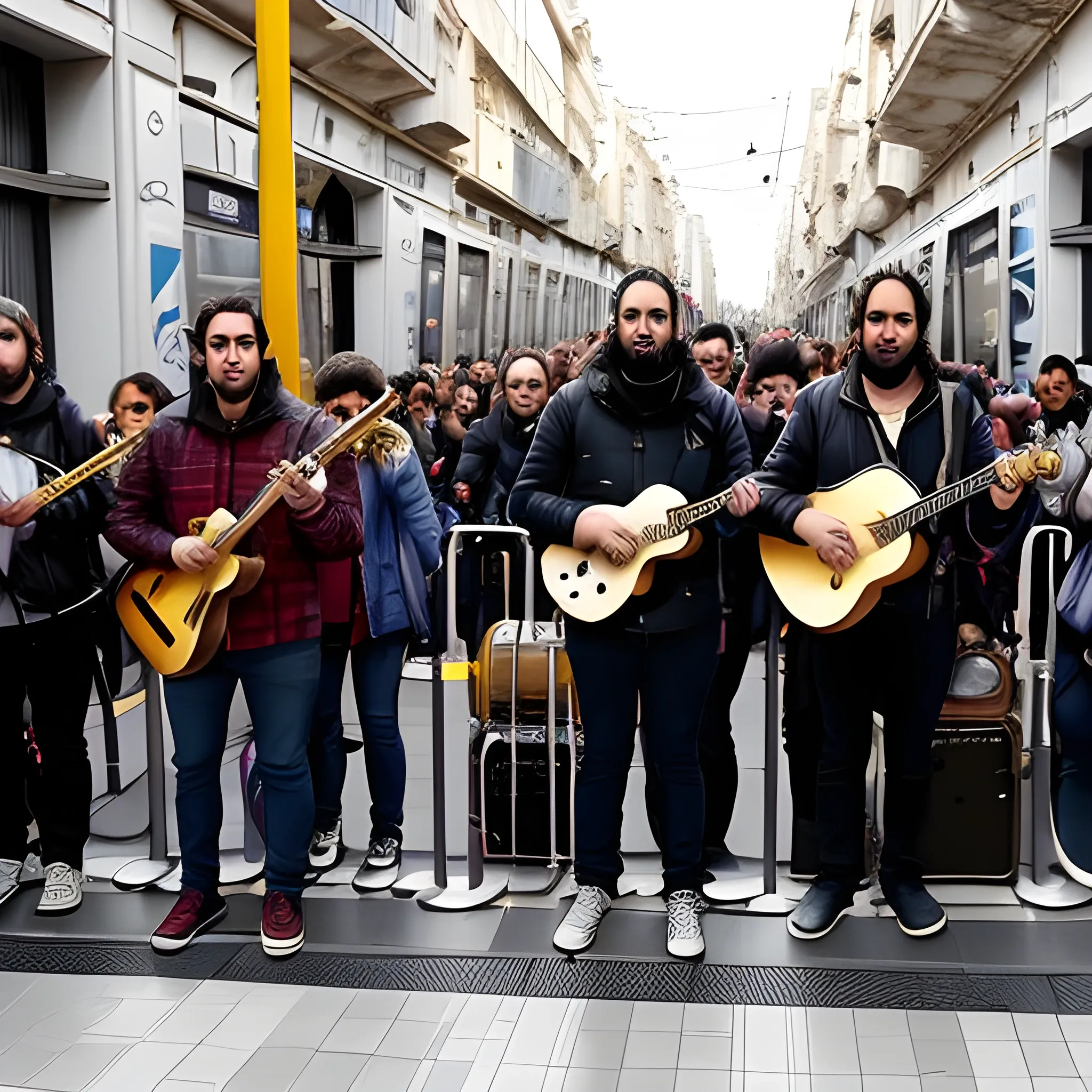 quiero una banda de música con 7 personas que no midan mas de  un metro de altura, cada uno con un instrumento musical, y tocando en una calle con mas gente alrededor