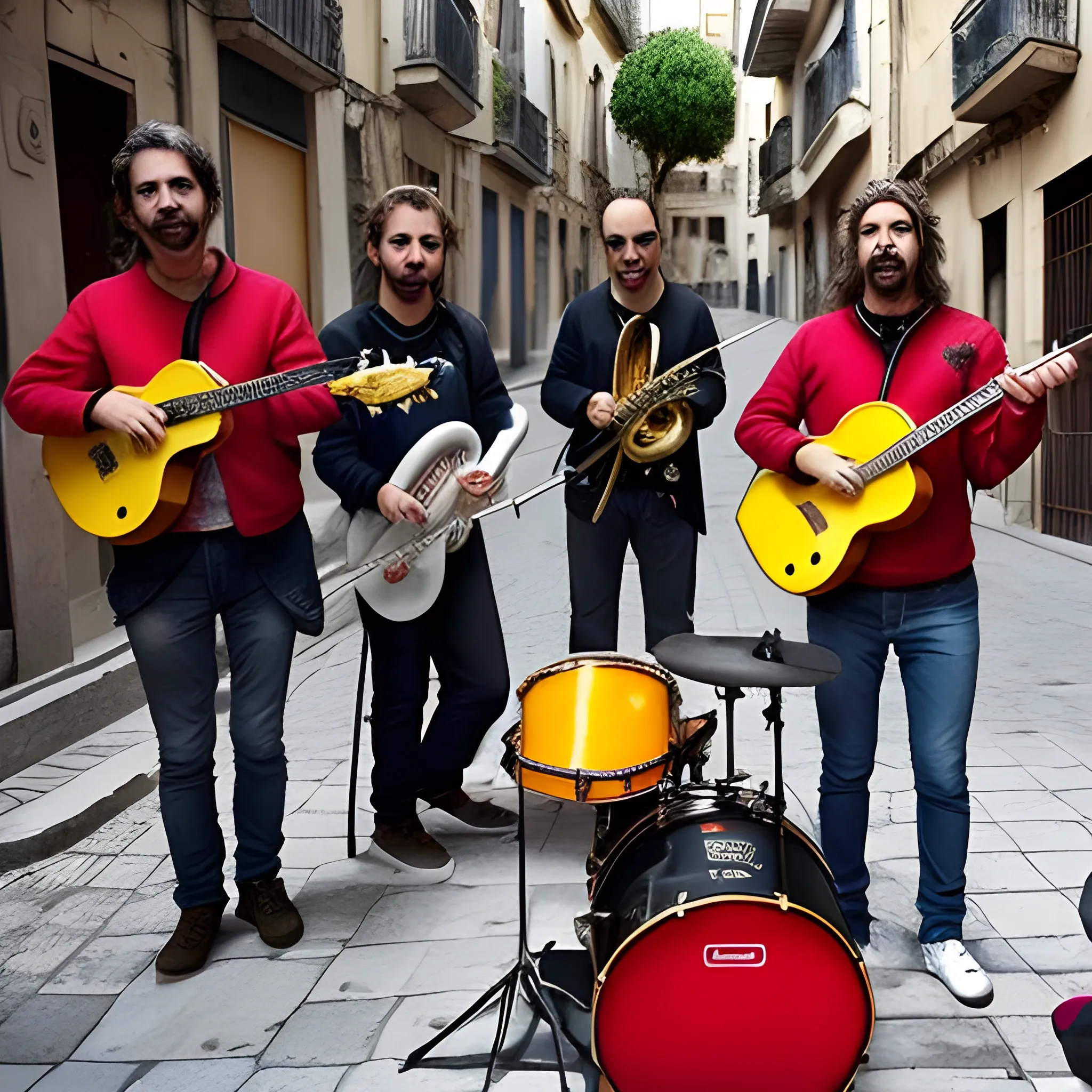 quiero una banda de música con 7 personas  de tamaño enano, dos con una trompeta, uno con un bombo, otro con unos platillos, y tocando en una calle con mas gente alrededor