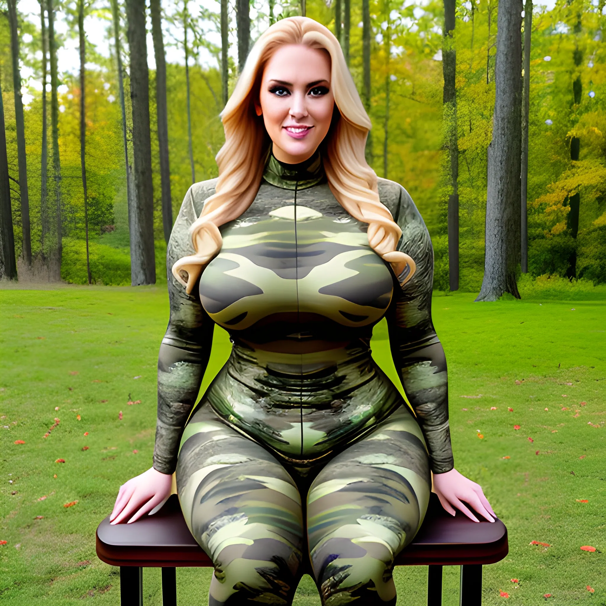 A plus size, curvy and tall blonde girl wearing green camo sitting on a stool Full image