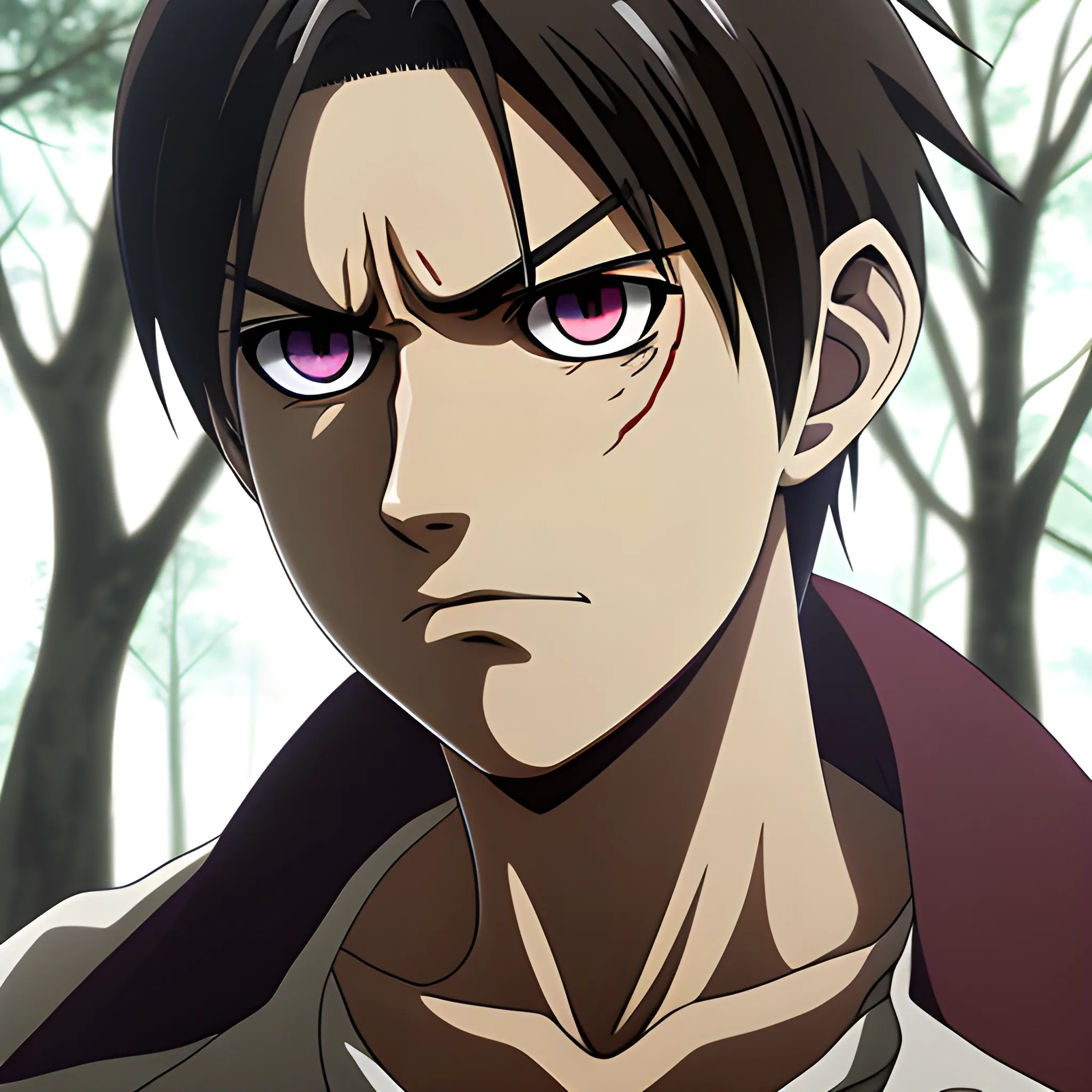 Anime man attack on titan, eren, purple eyes, Scar on one eye, forest background, hyper deformed, 4k.